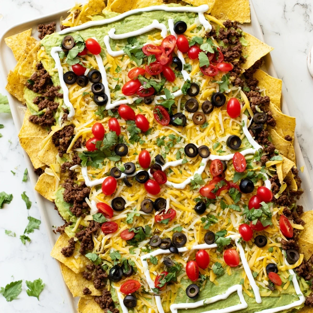 Vibrant "Soccer Field Nacho Platter" boasts melted cheese, seasoned beef, and colorful toppings, perfect app.