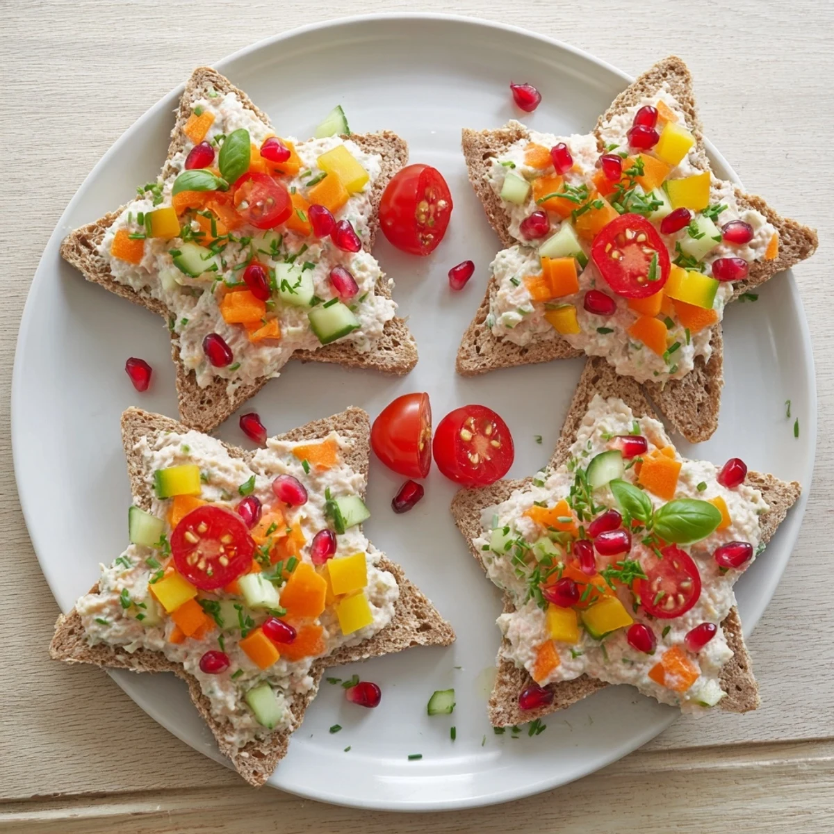 Golden star-shaped Crown Jewels Star-Shaped Sandwiches with colorful veggie filling are fresh and inviting.