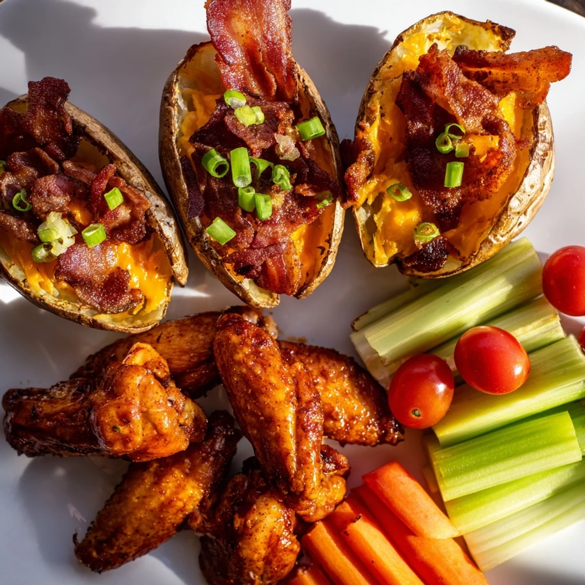 A large Touchdown Football Tailgate Spread overflowing with crispy wings, loaded potato skins, and dipping sauces.
