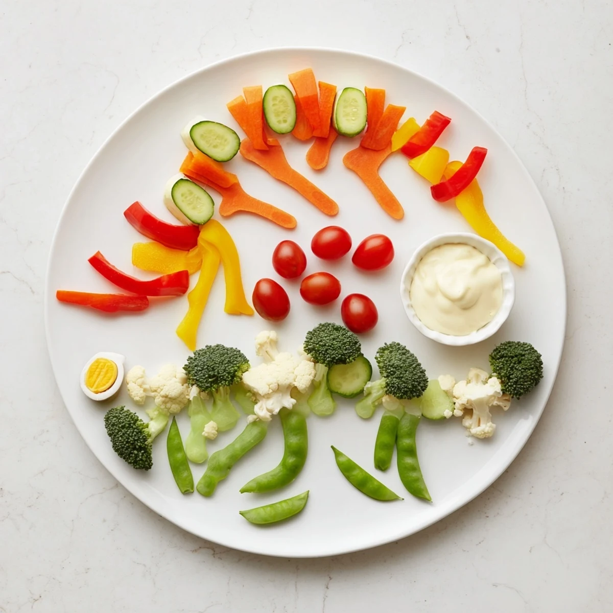 Vibrant Dino-Mite Dinosaur Fossil Crudités platter arranged with colorful veggie bones and fresh dip.