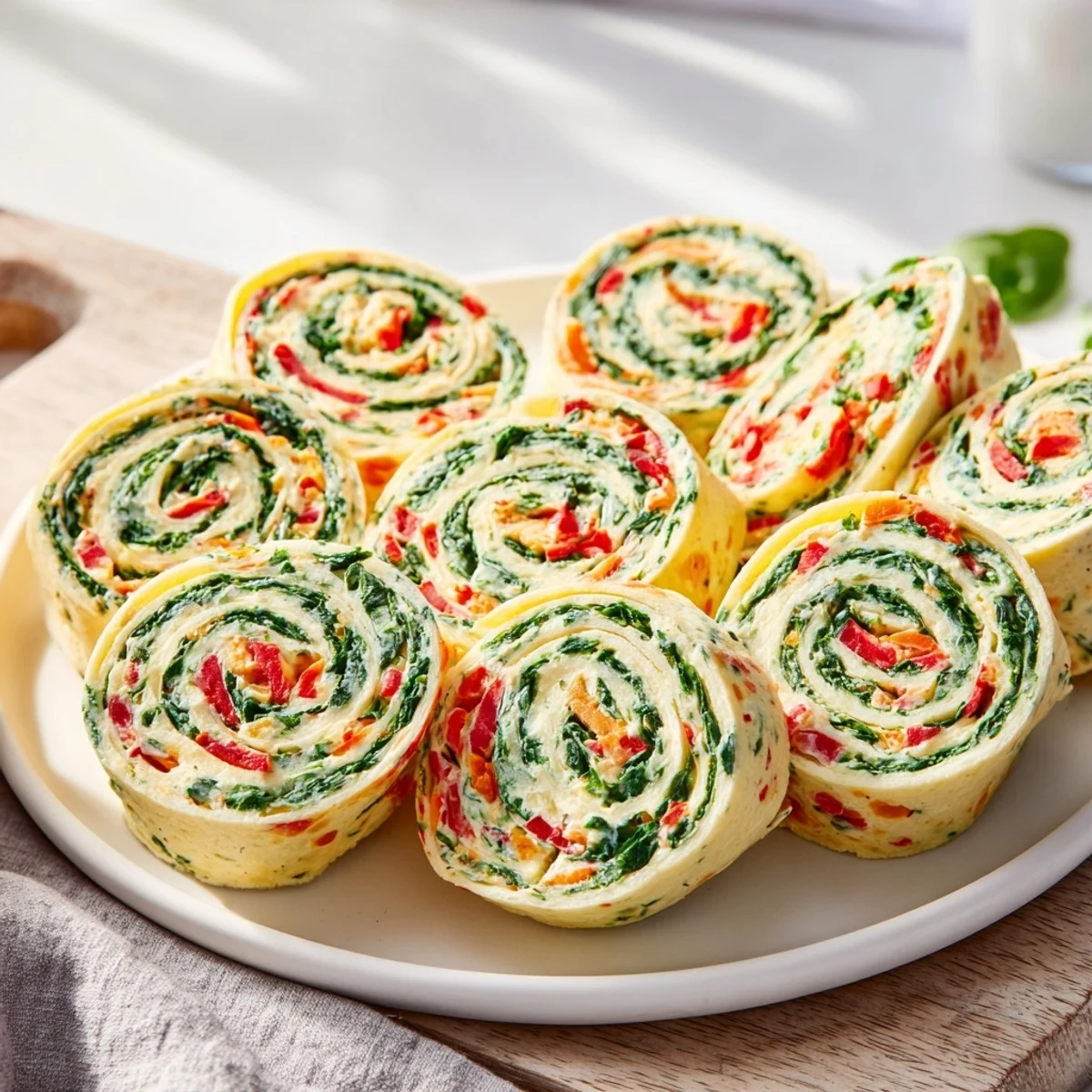 Festive Cozy Scarf Holiday Pinwheel Wraps, perfect appetizer with creamy filling and vibrant veggie colors arranged.
