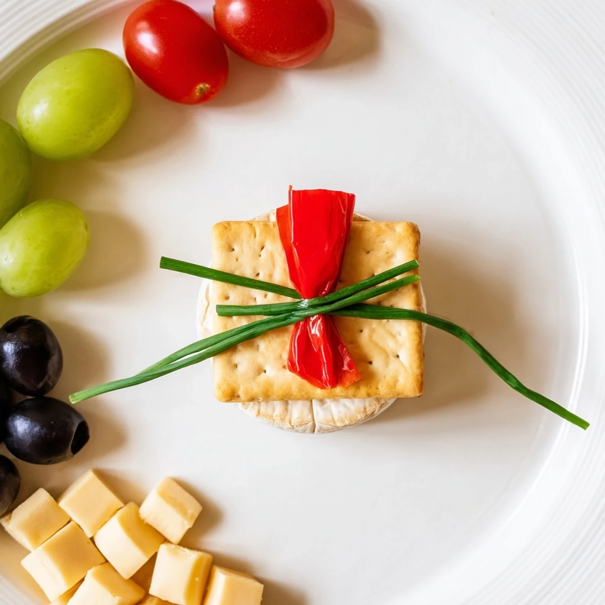 Graduation Cap Platter: A festive appetizer with a square cracker "mortarboard" and colorful, fresh garnishes.