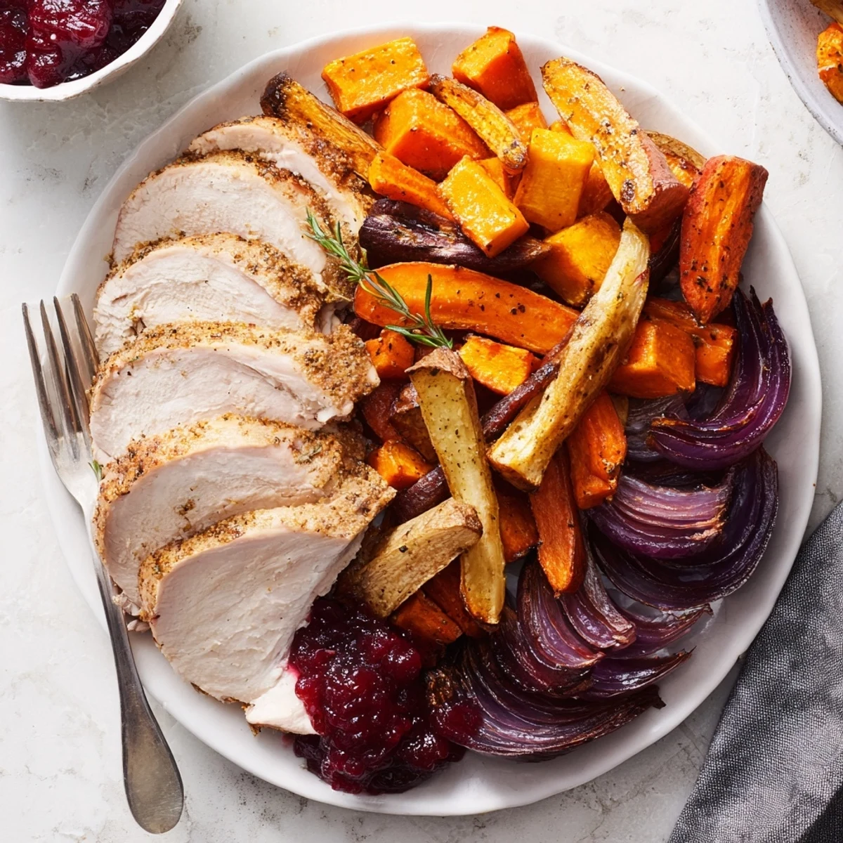 Harvest turkey platter showcasing succulent turkey, vibrant roasted vegetables, and a sweet cranberry sauce.