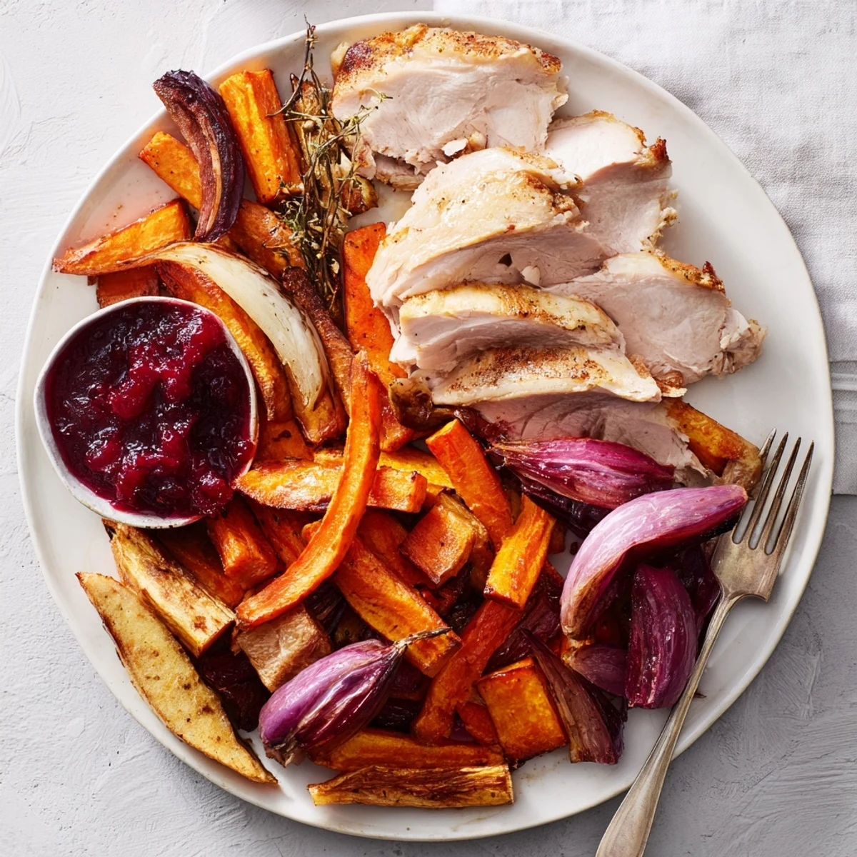 A rustic harvest turkey platter, featuring a beautifully presented turkey with cranberry sauce, ready to serve.