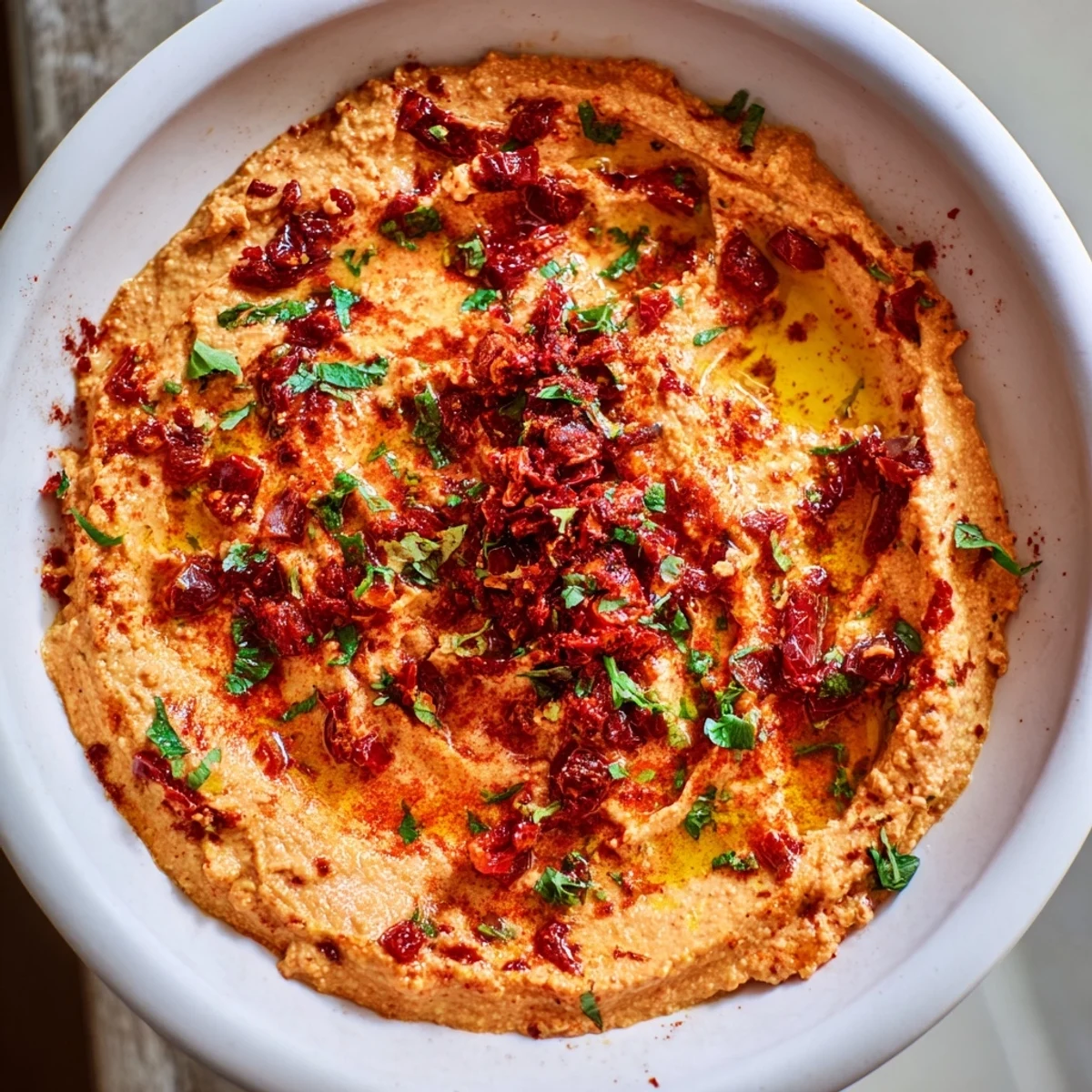 Creamy textured Volcanic Lava Spicy Dip garnished with fresh cilantro, perfect for dipping vegetables.