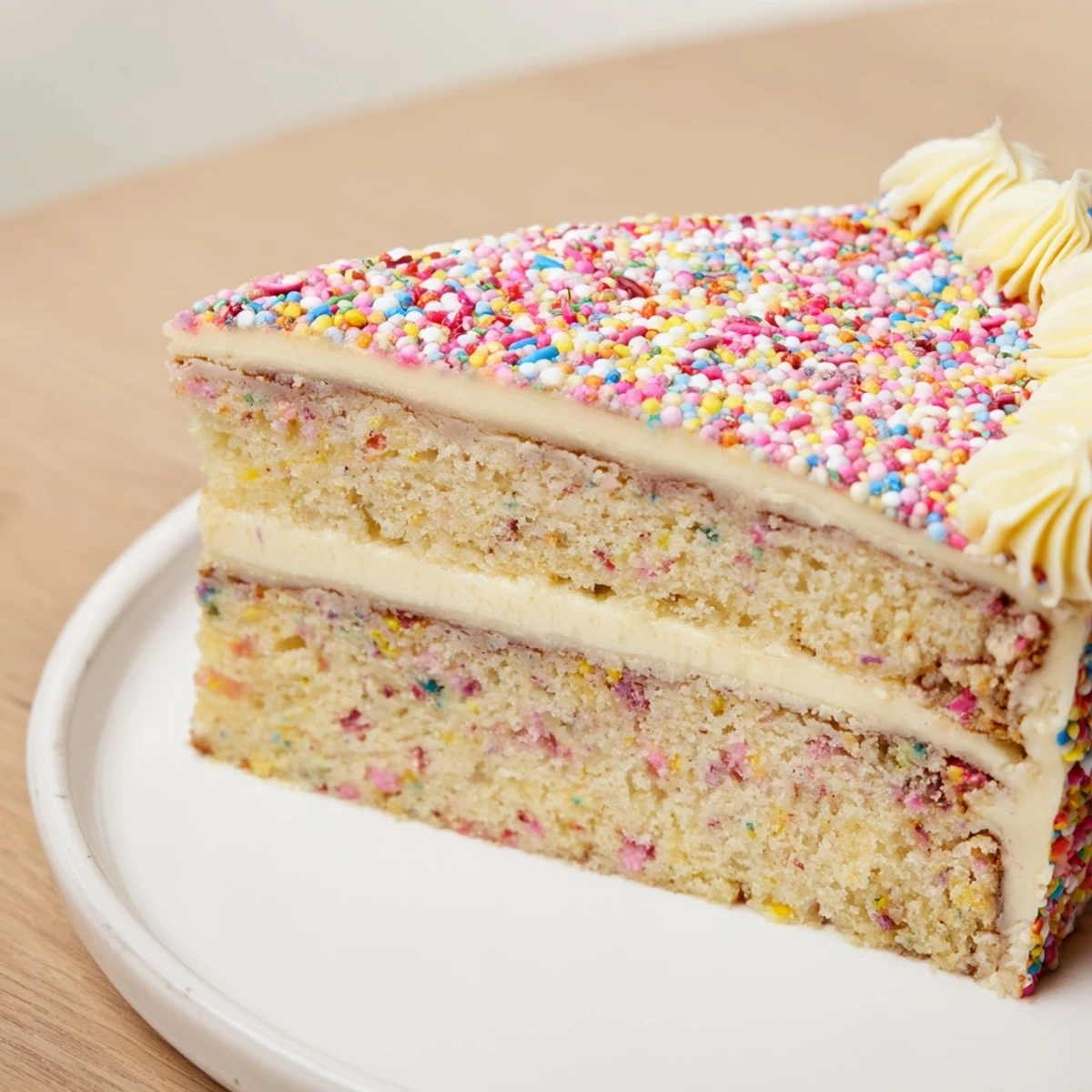 Moist Happy Birthday Cake slice with fluffy white buttercream, generously decorated with bright sprinkles—yum!