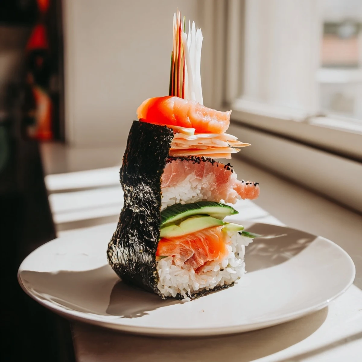 Vibrant sushi sailboats at sea made with fresh tuna, salmon, and colorful veggie sails.