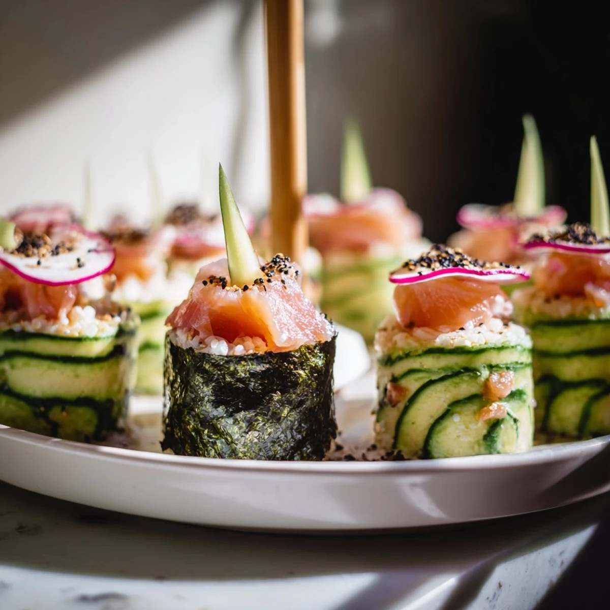 Delectable close-up of sushi sailboats, showcasing glistening fish and perfectly formed rice for your plate.