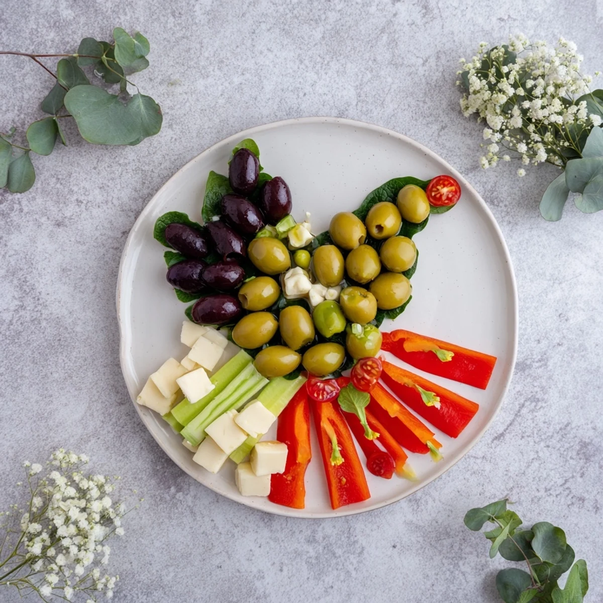 A colorful Colombe de la Paix Olive Platter with olives, cheese, and fresh veggies, ready to enjoy.