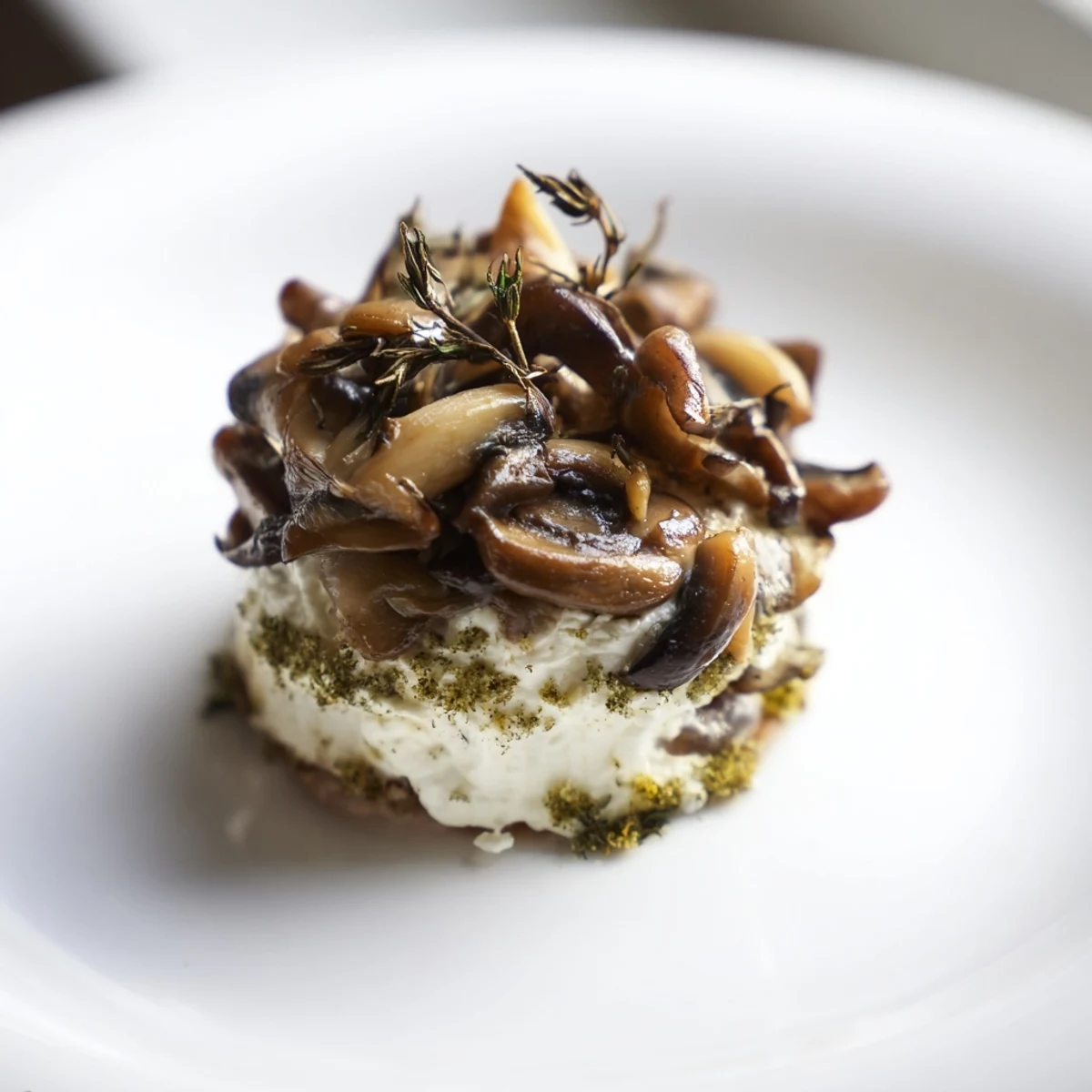 Sautéed wild mushrooms and herb moss surround creamy goat cheese on a Cottagecore platter.