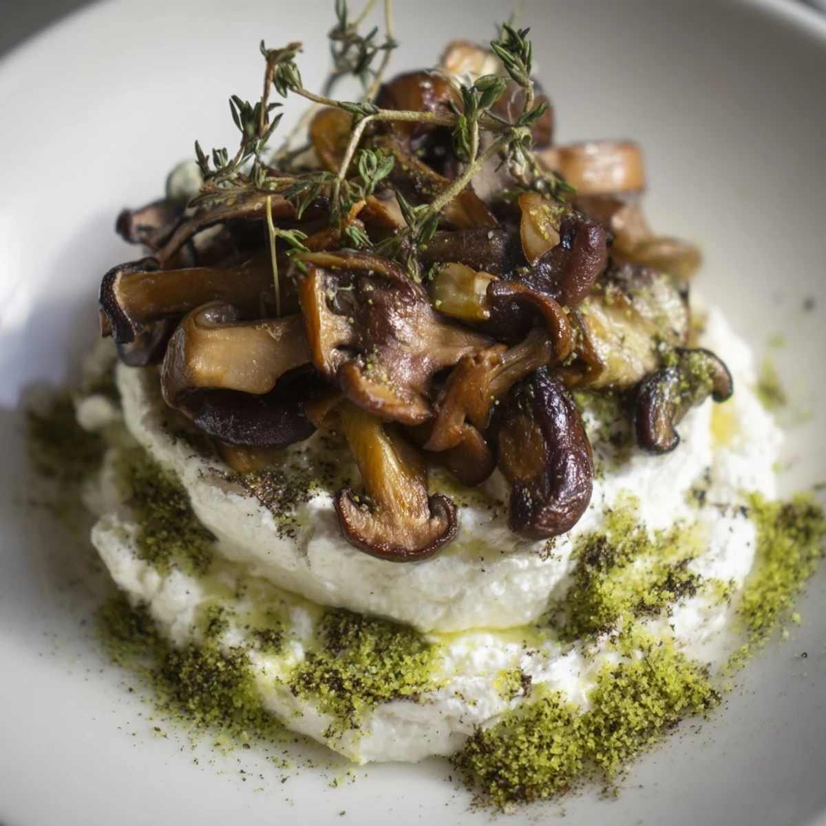 A visually stunning Cottagecore mushroom and moss platter with fresh greens and rustic crackers.