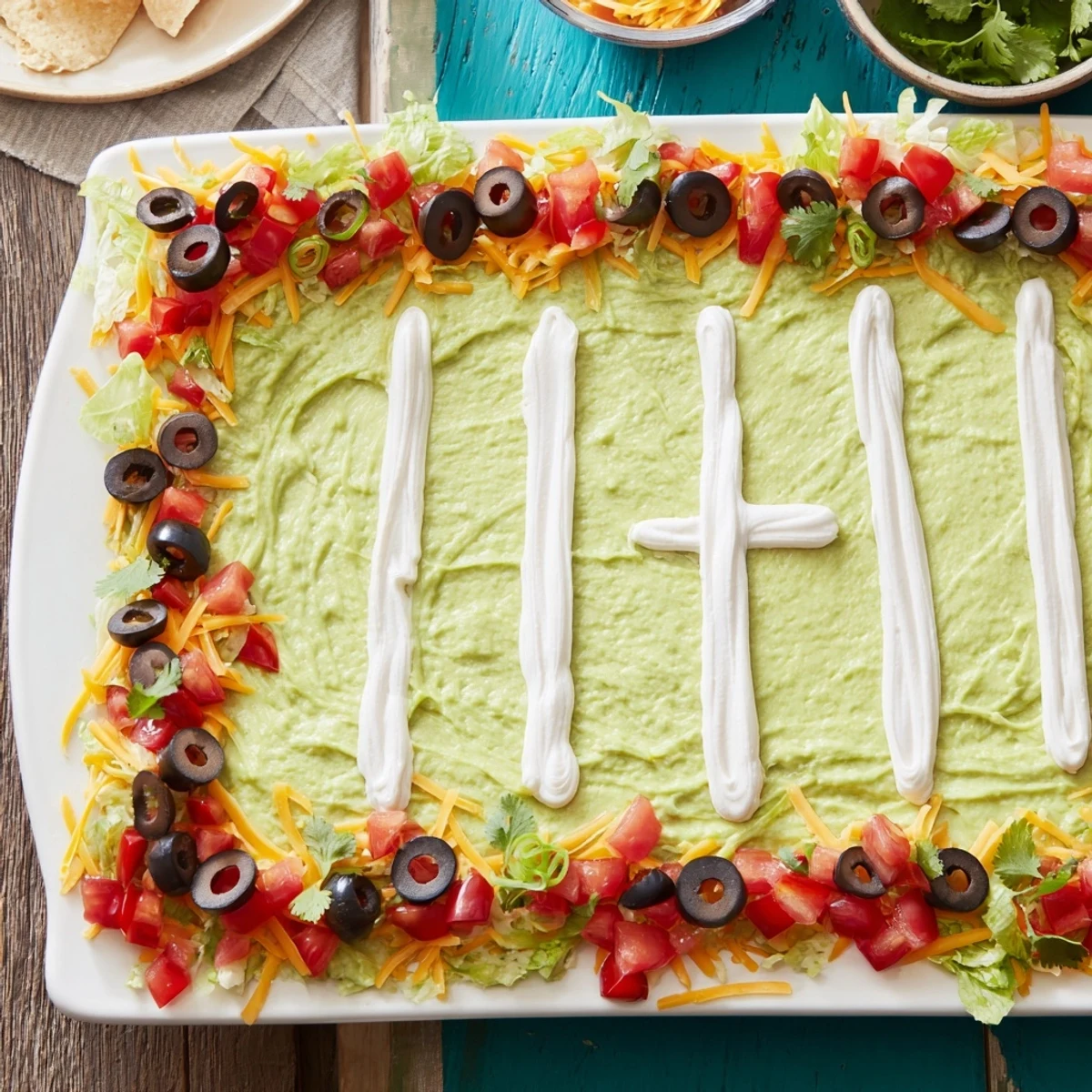 Vibrant football field dip platter, layered with cheese and fresh toppings, ready for dipping chips.