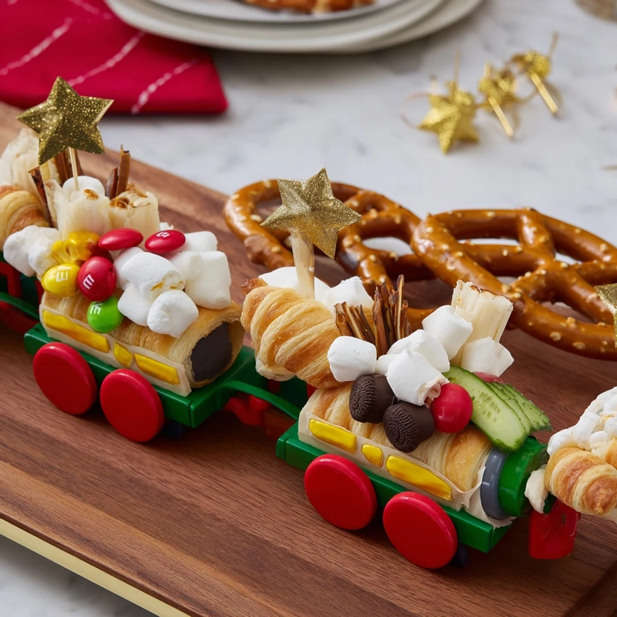 Festive Polar Express Train Treat Board, filled with colorful candies and savory snacks perfect for a holiday party!