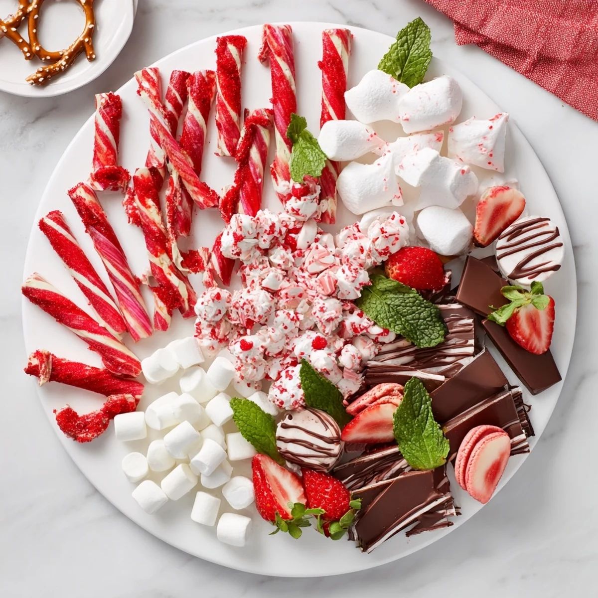 A delicious Candy Cane Dessert Platter features an arrangement of festive sweets and fresh berries.