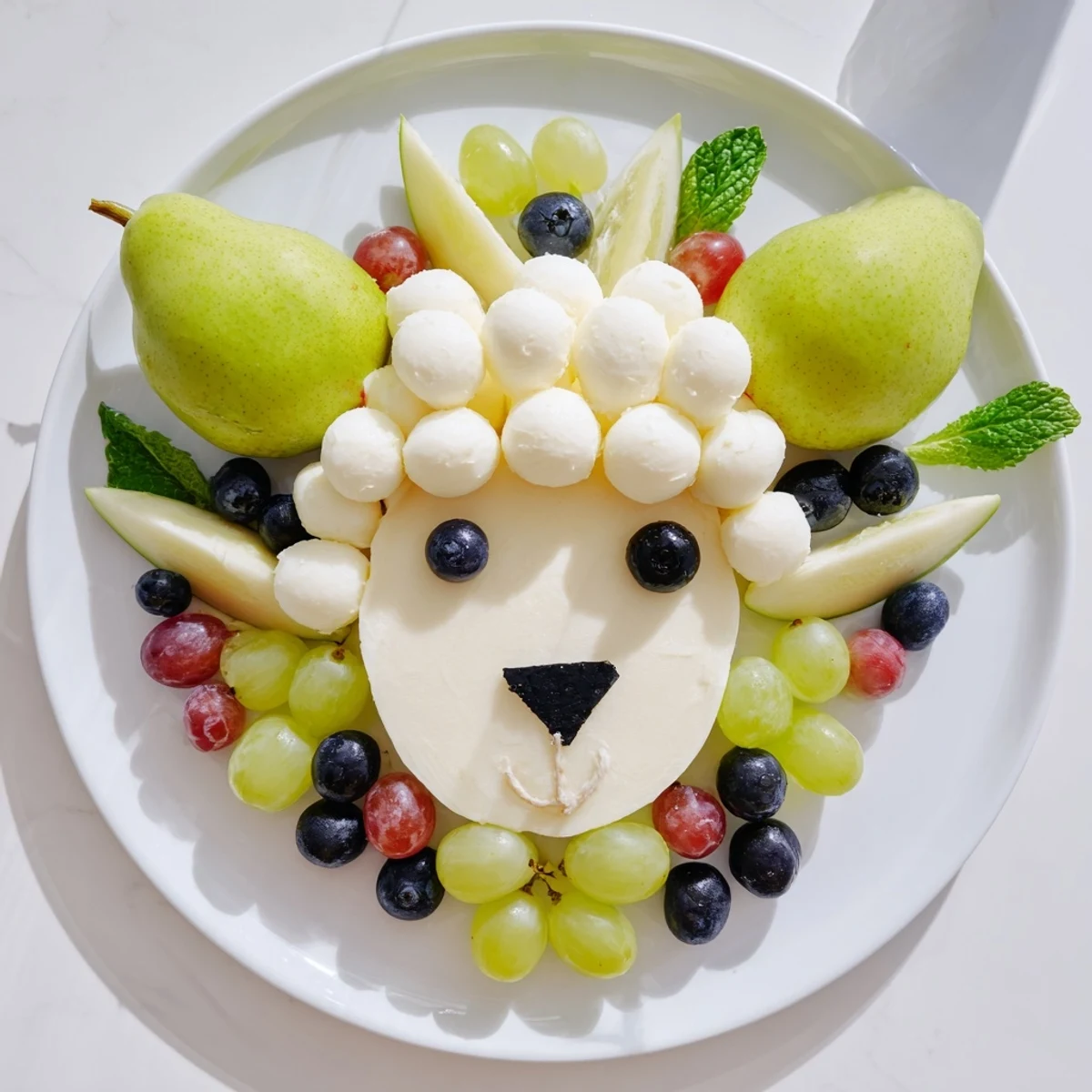 Lamb Face Fruit and Cheese Platter: a whimsical platter with mozzarella and fruit shaped like a lamb.