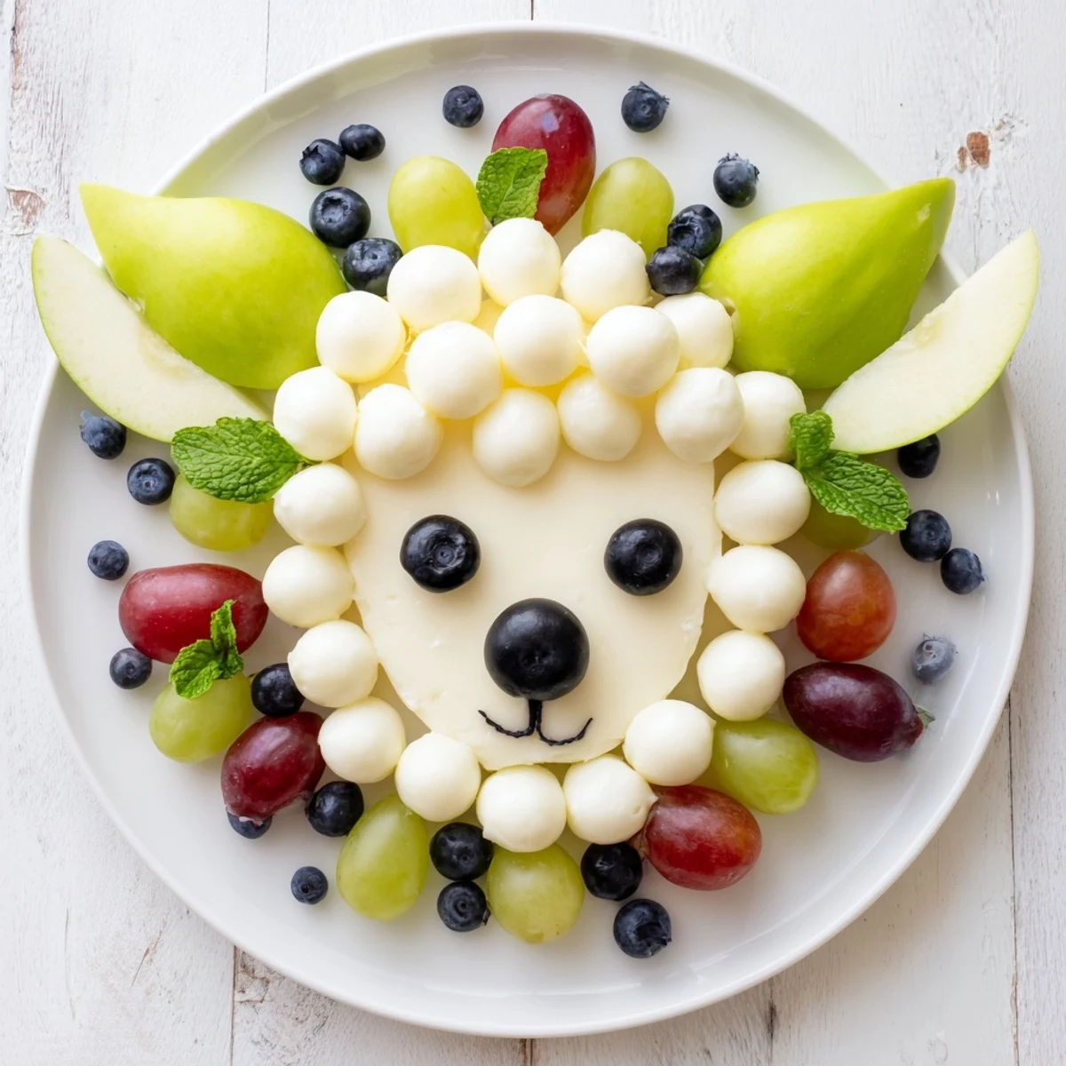 Create an adorable Lamb Face Fruit and Cheese Platter with colorful grapes, olives, and fresh mint on display.