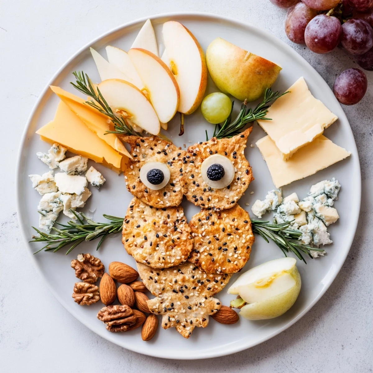 A beautifully arranged Owl Cracker and Cheese Board, ready to serve with colorful fruits and cheese selections.