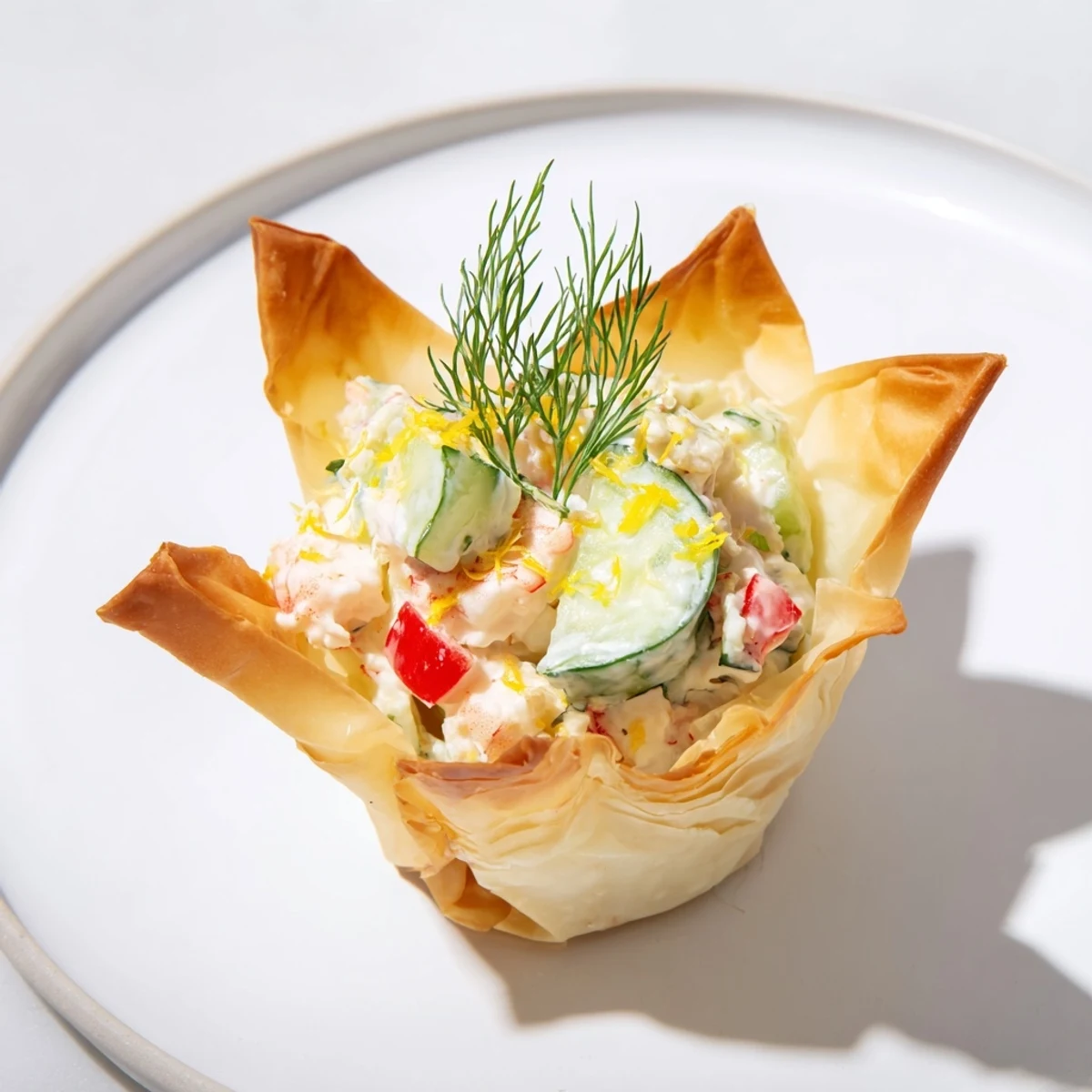 Golden, flaky Mini Star Cocktail Cups filled with savory shrimp salad, perfect party appetizers.