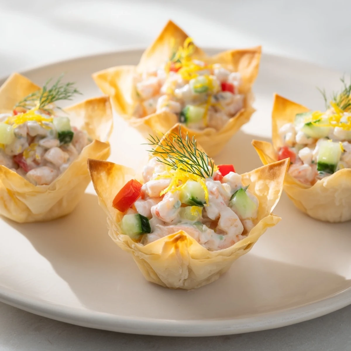Appetizing view of delicate Mini Star Cocktail Cups: crispy pastry filled with shrimp and fresh herbs.