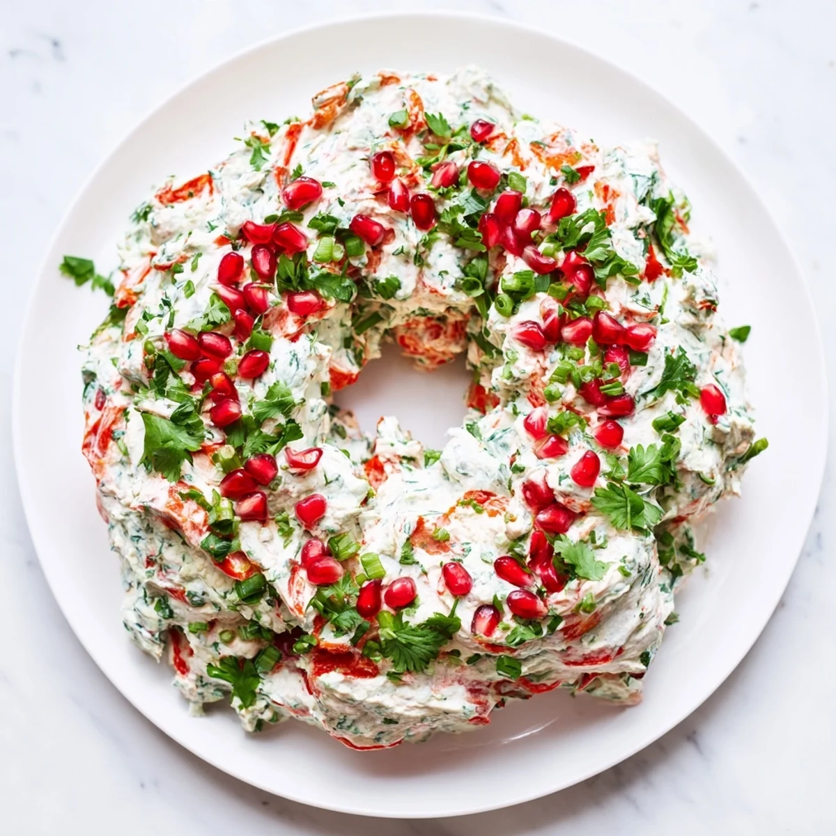 A creamy, vibrant Red Pepper and Spinach Dip Wreath, garnished with parsley and bright pomegranate seeds.