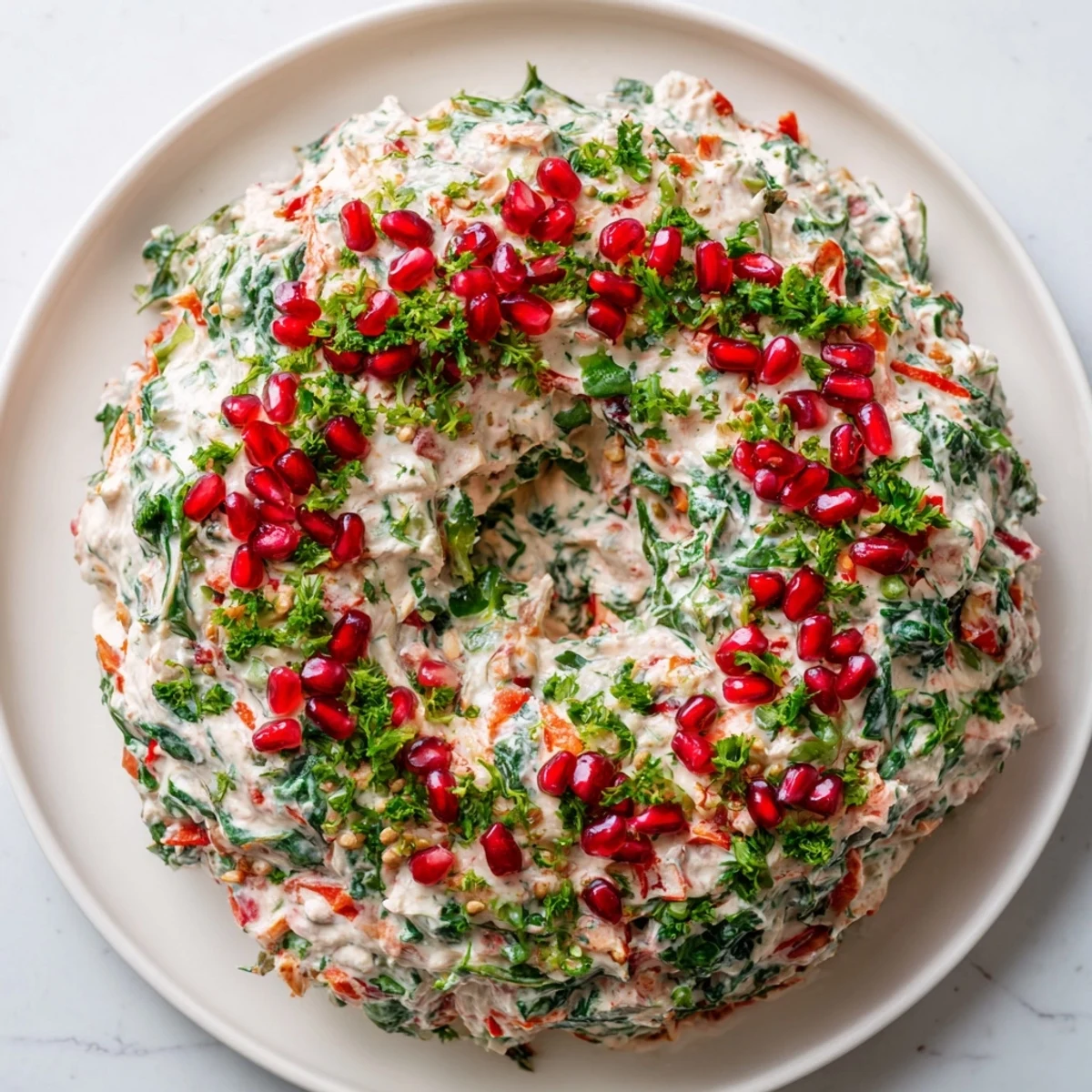 Imagine a festive holiday appetizer: a smooth Red Pepper and Spinach Dip Wreath, ready for dipping.