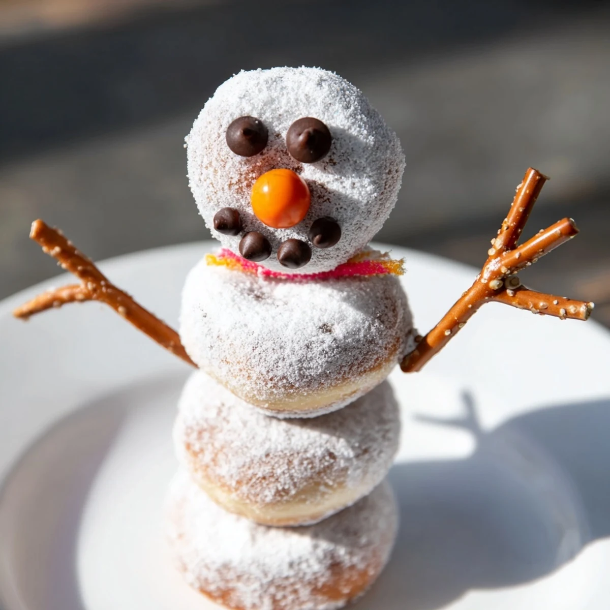 Mini donut snowman stacks are festive, easy no-bake treats, served on skewers for kids' winter fun.