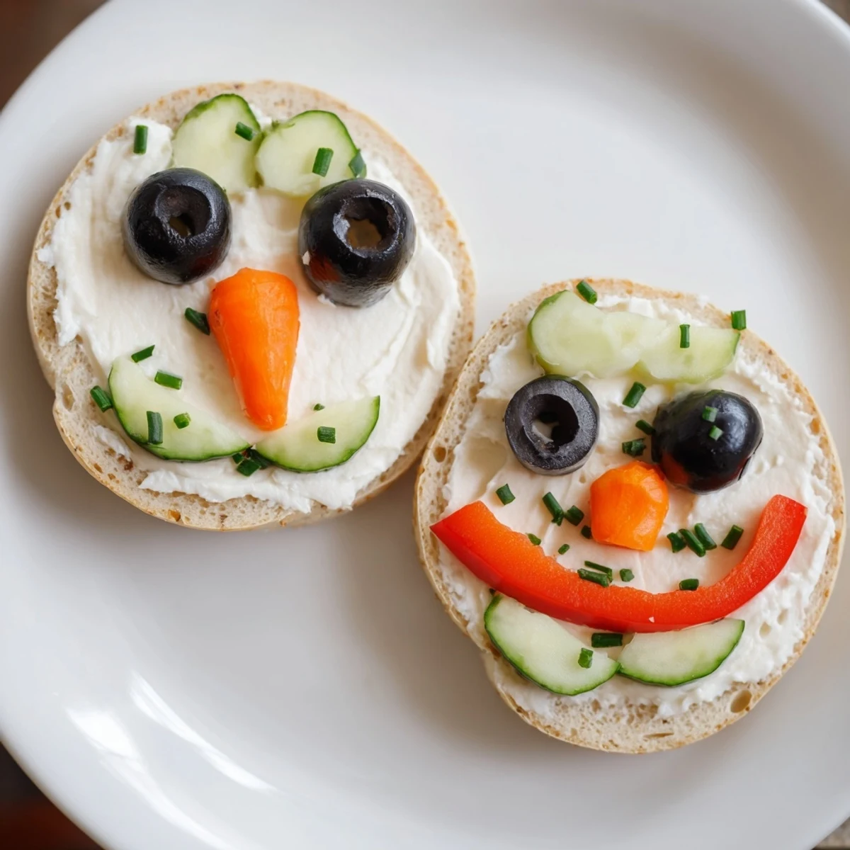 Snowman Mini Bagel Sandwiches: Creamy cream cheese and olive eyes create a cute snowman in this lunch.