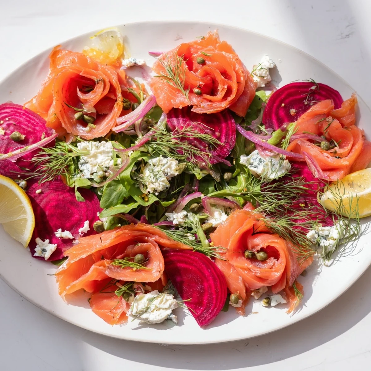 A beautifully arranged Winter Harvest Smoked Salmon Board with creamy cheeses and toasted baguette slices.