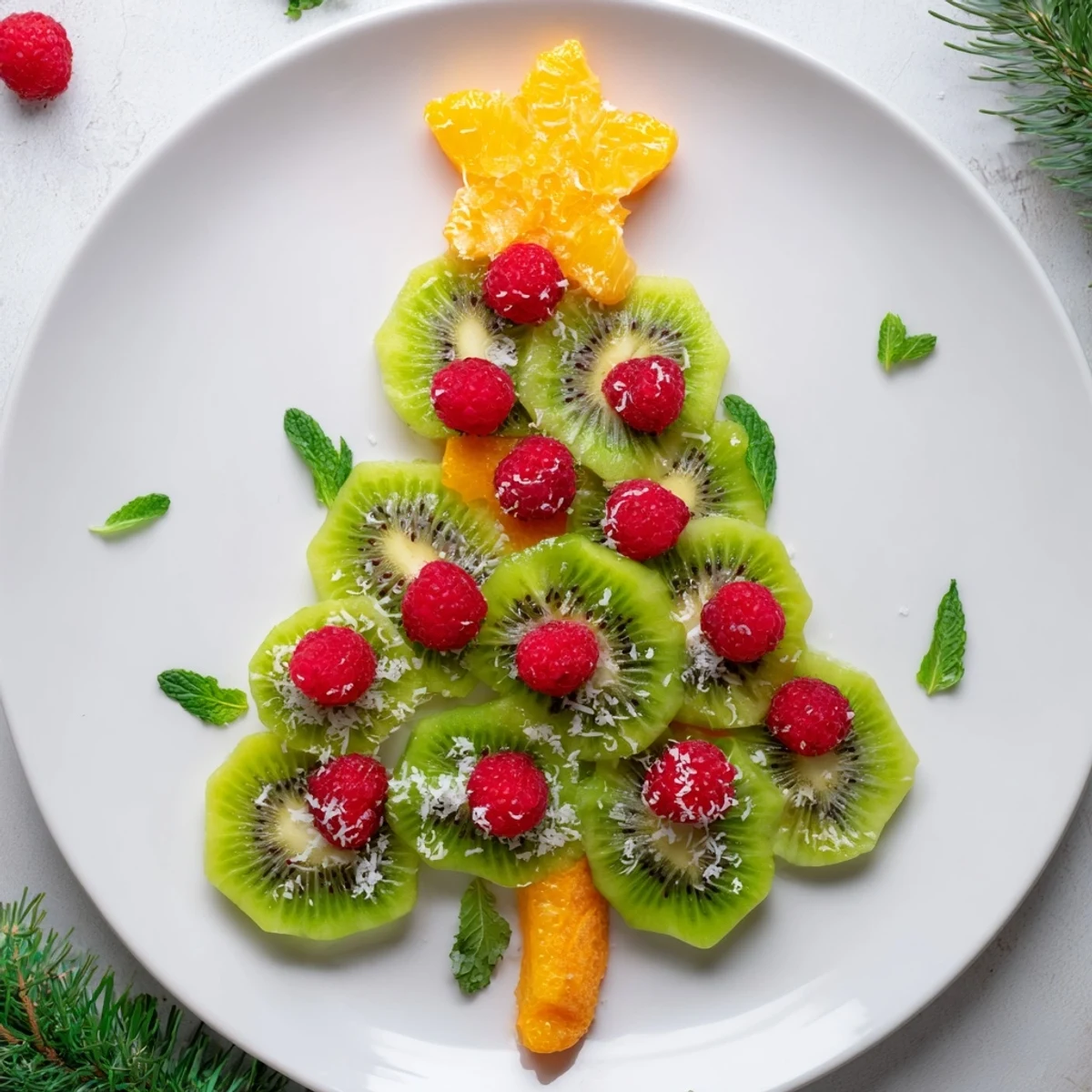 Fresh kiwi and raspberry arrangement on a platter, a festive Christmas tree fruit plate.