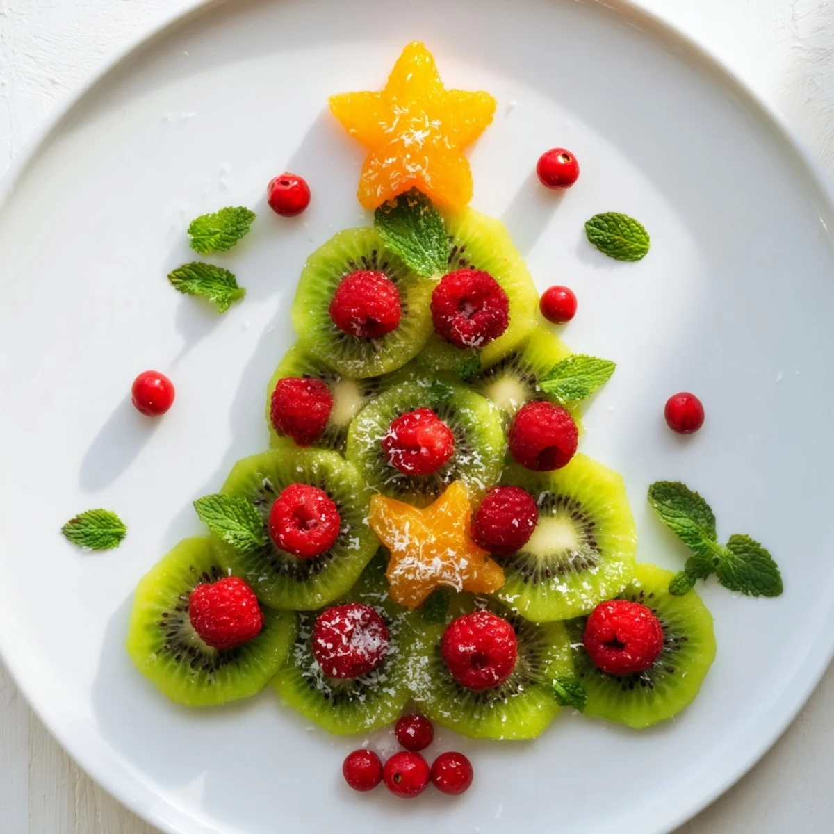 Vibrant kiwi and raspberry Christmas tree fruit plate, ready now as a healthy dessert or snack.
