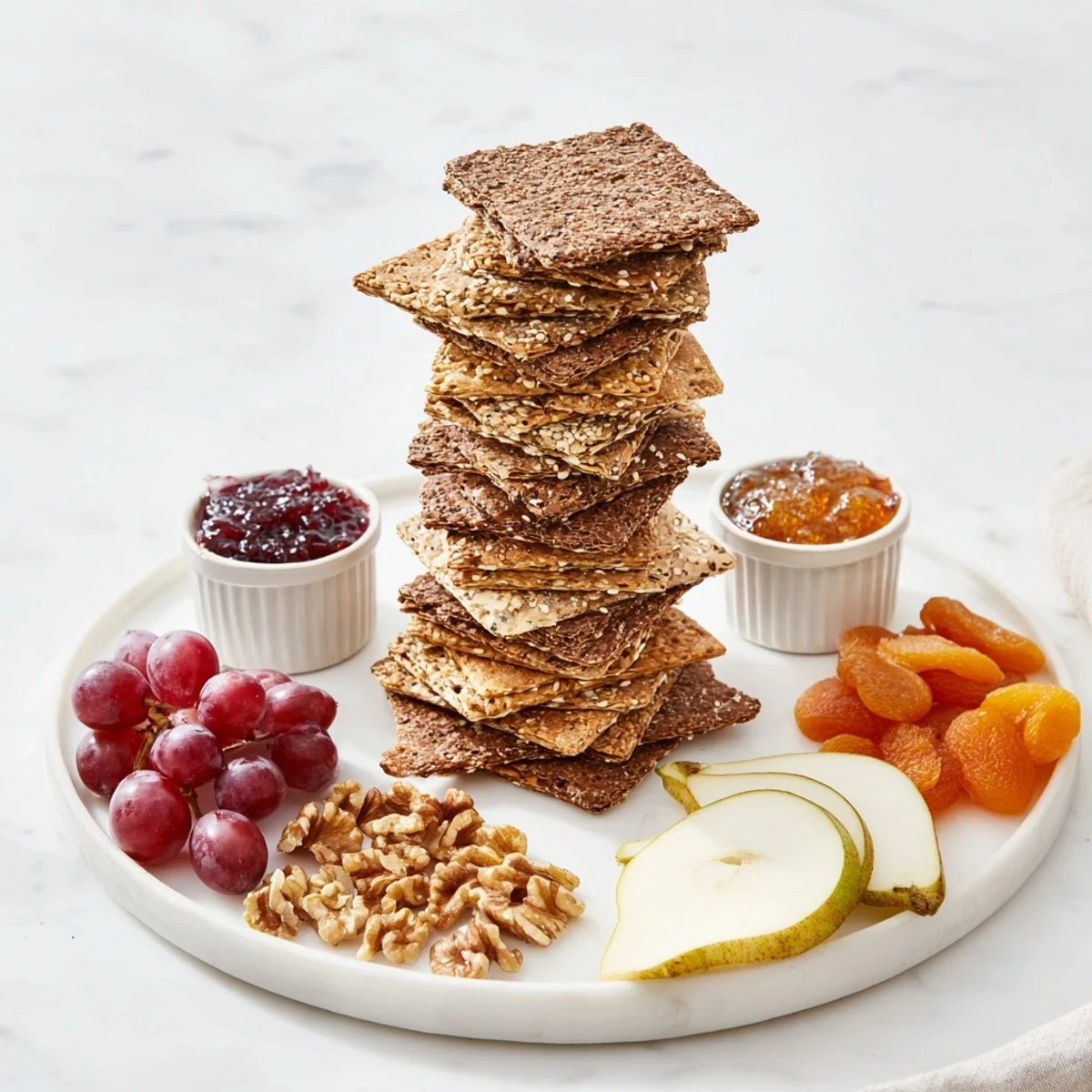 Artisan Gourmet Crackers, elegantly stacked, ready to be enjoyed with flavorful preserves and pairings.