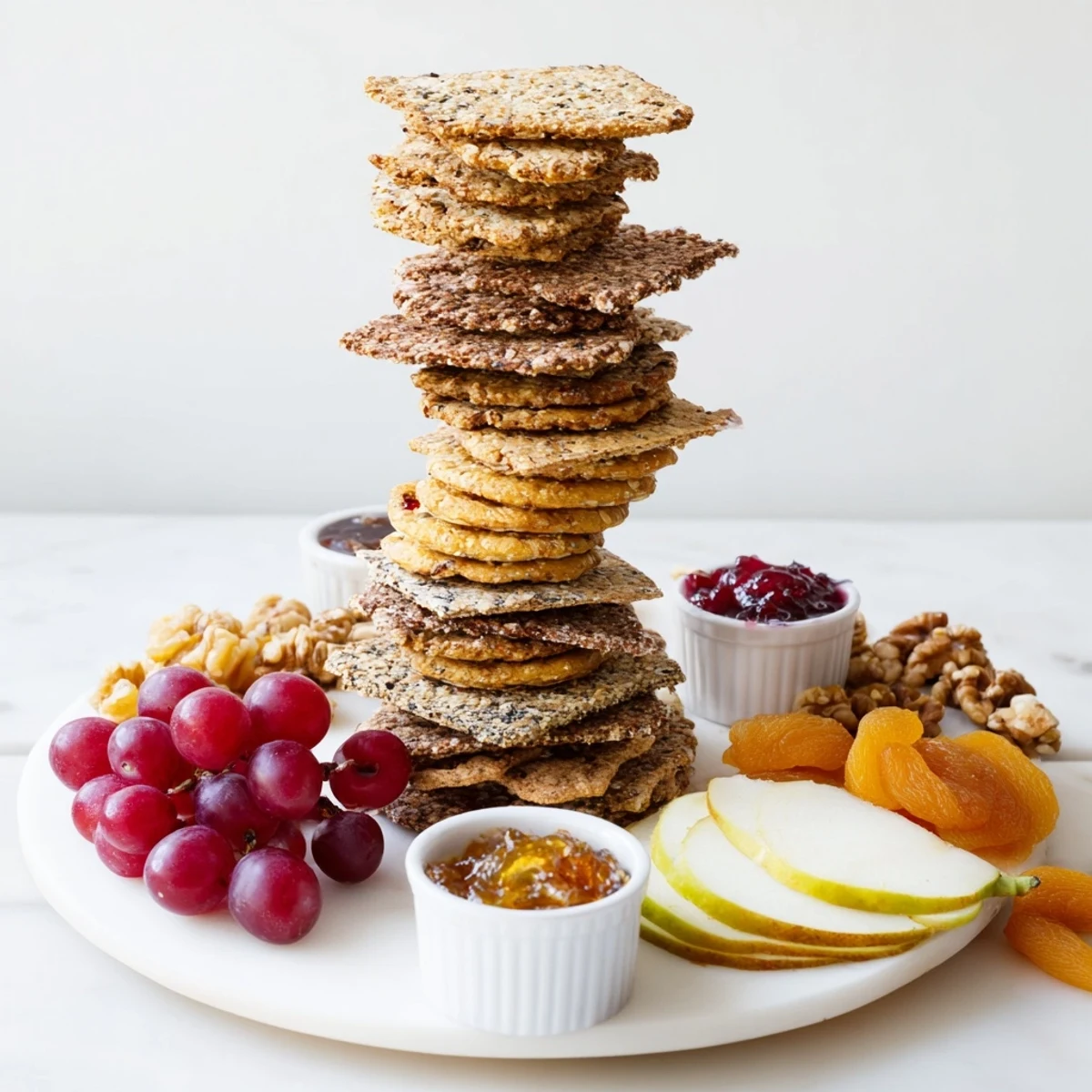 A beautifully styled Gourmet Crackers presentation with a selection of jams, fruits, and cheeses.