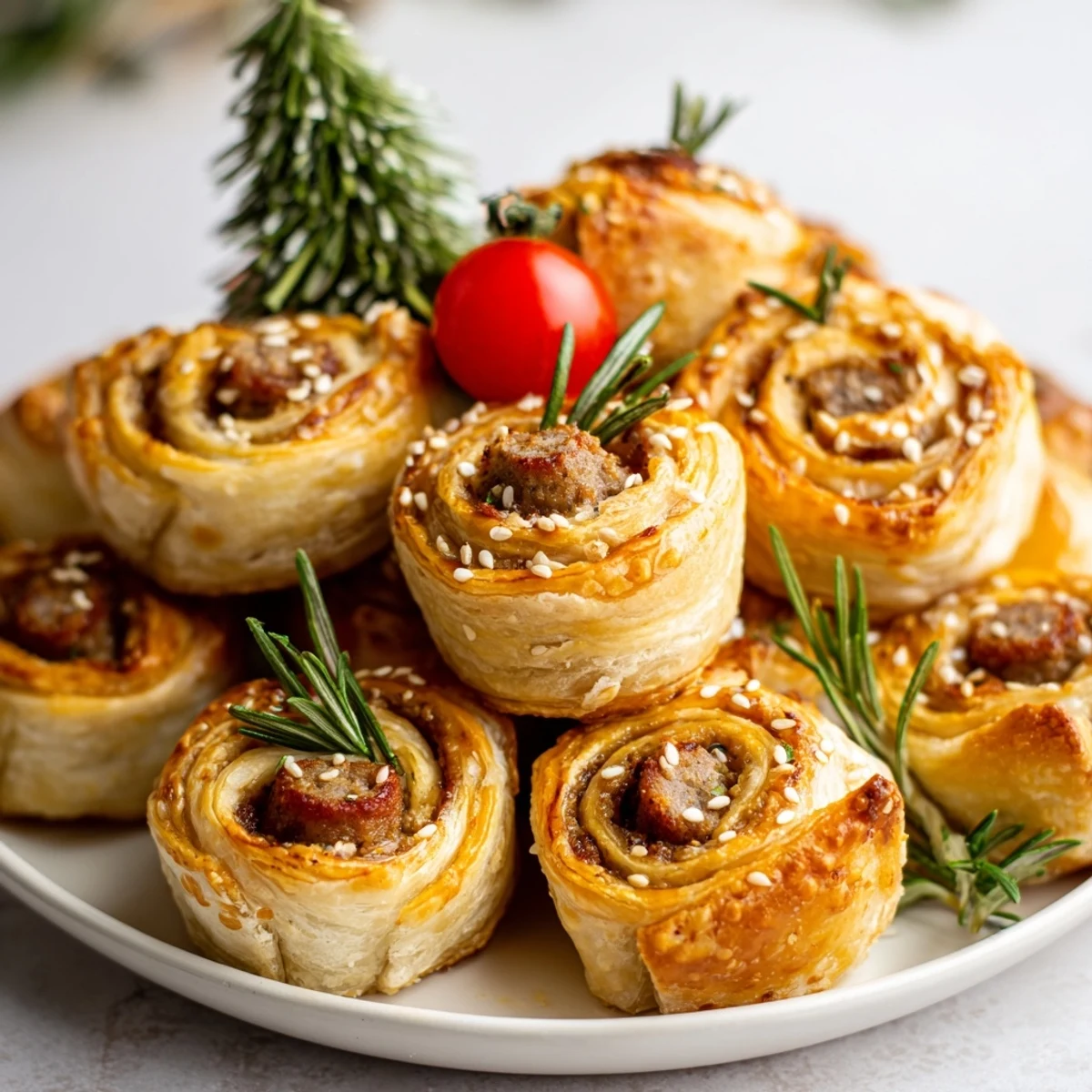 Appetizing photo of a festive Savory Bites: Mini Sausage Roll Christmas Tree, ready to be enjoyed with mustard.