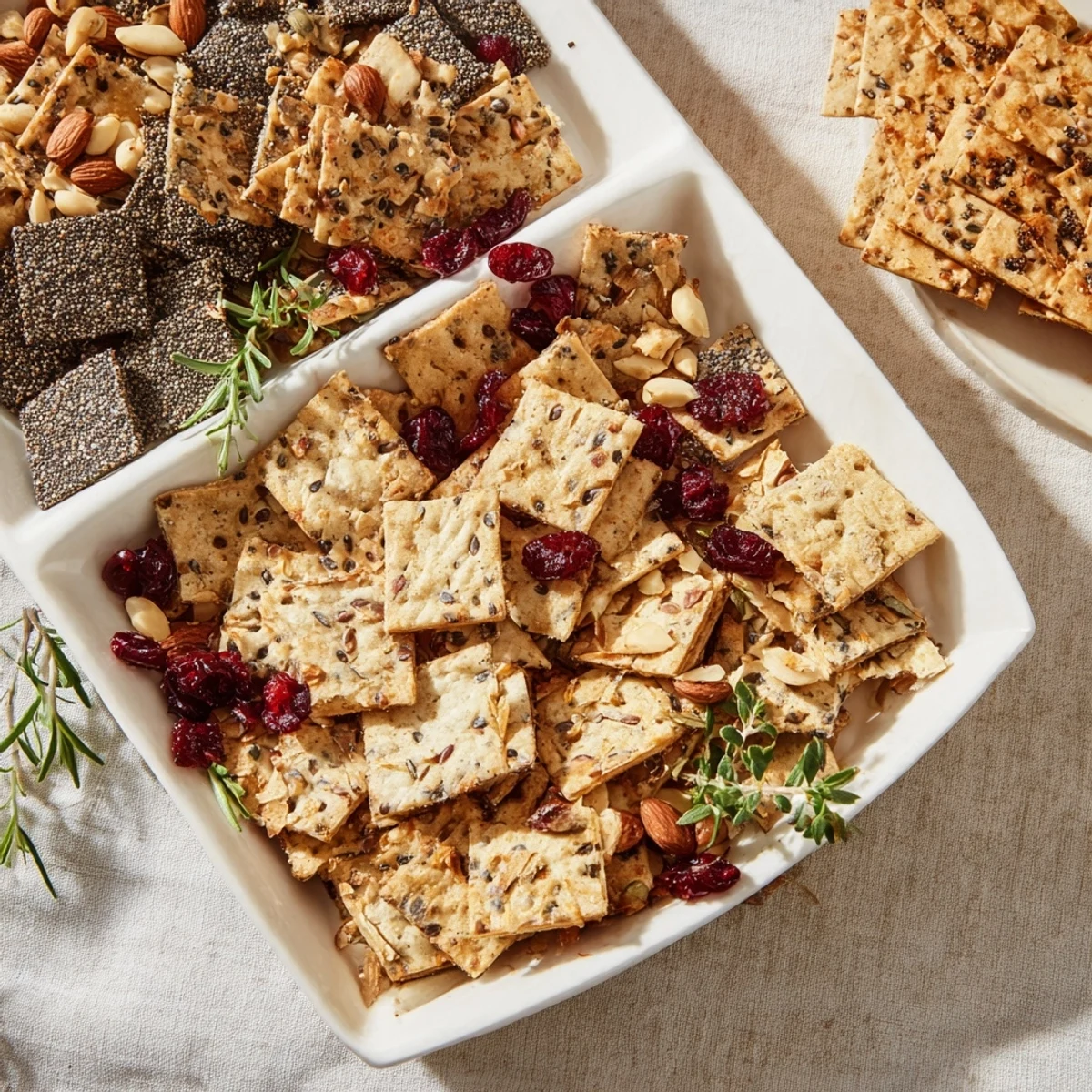 Holiday Crackers arranged on a platter, ready to be enjoyed with cheese and dips for a festive appetizer.