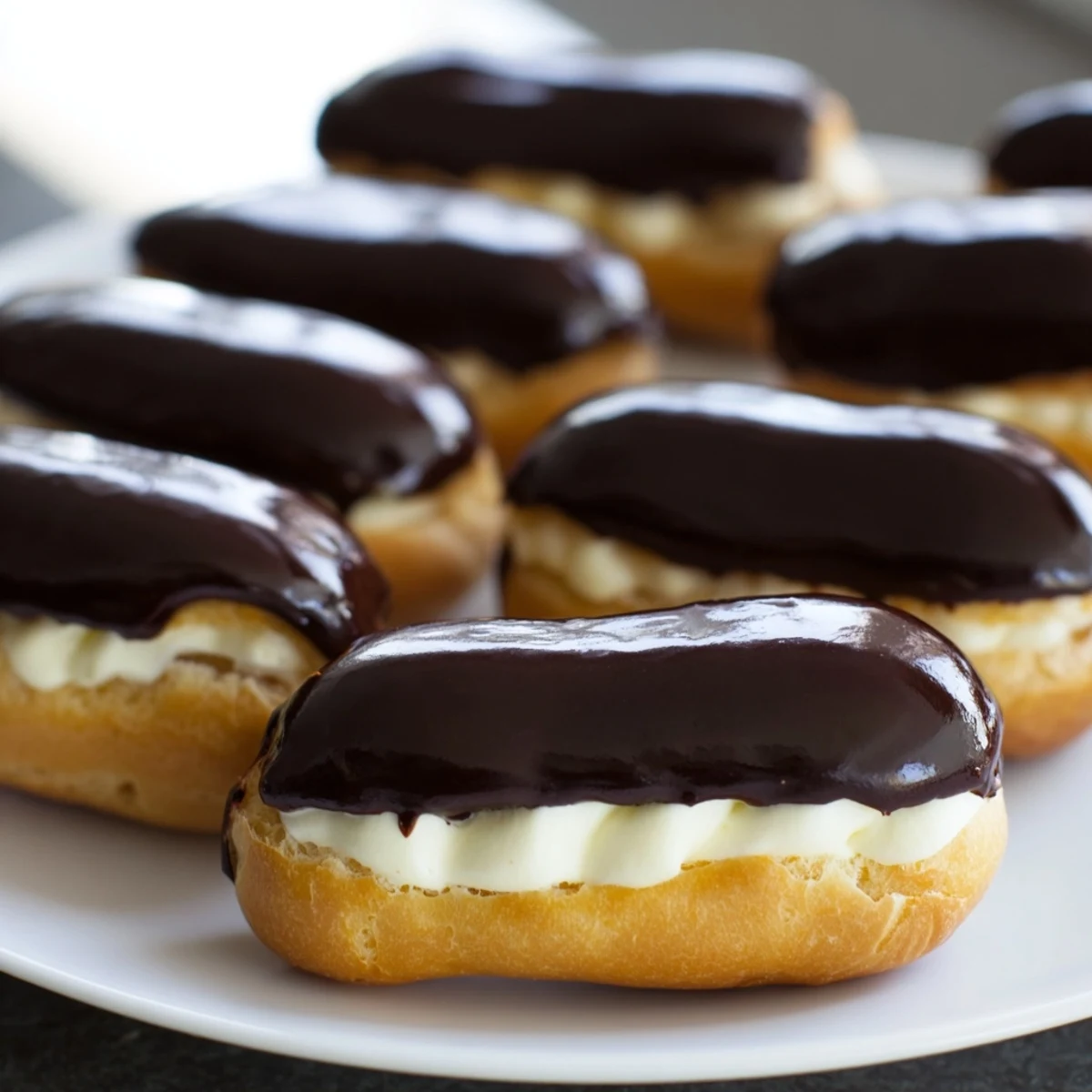 Sweet Bites: Mini chocolate éclairs beautifully arranged, glistening chocolate glaze atop fresh, golden pastries.