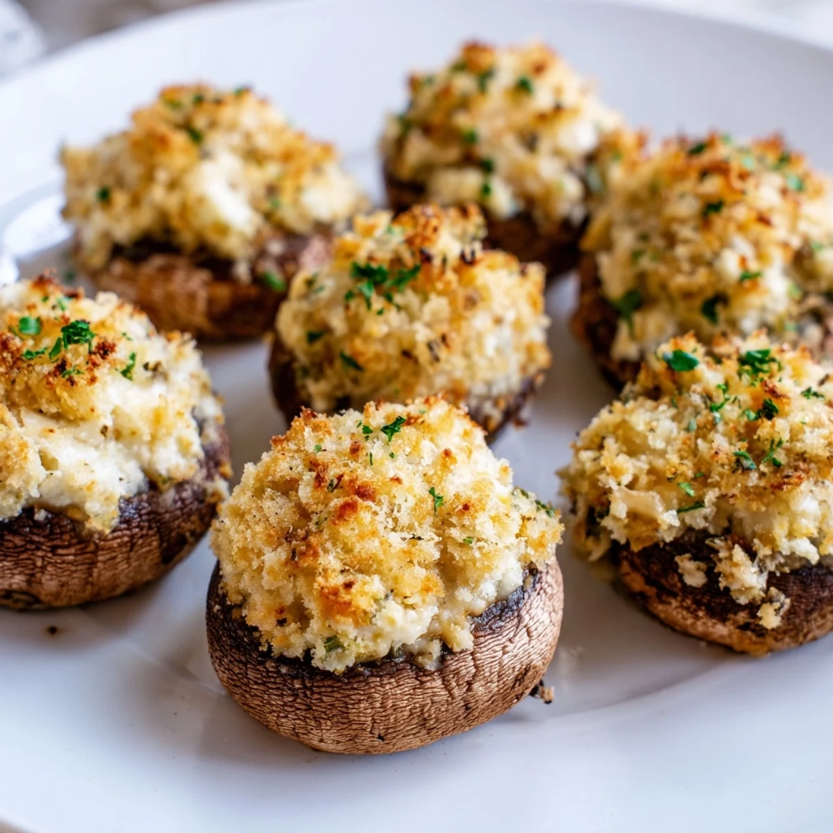 Golden-brown stuffed mushroom caps arranged in ring, perfect for sharing as a party appetizer.