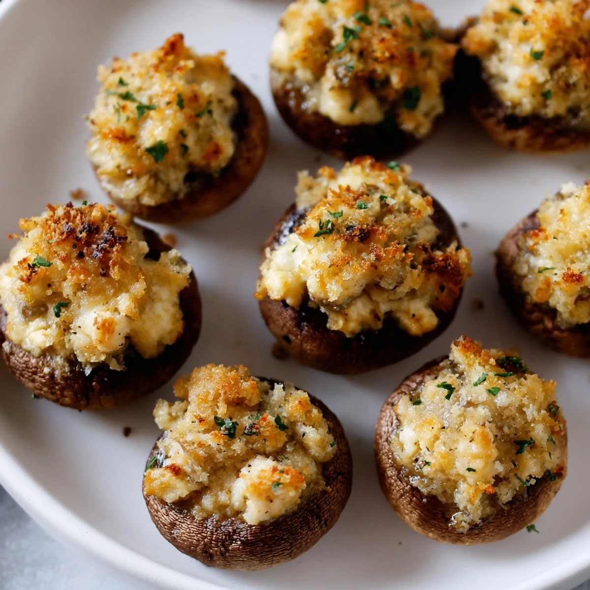 Close-up of baked stuffed mushroom caps, herbs visible, offering a delicious American cuisine appetizer.