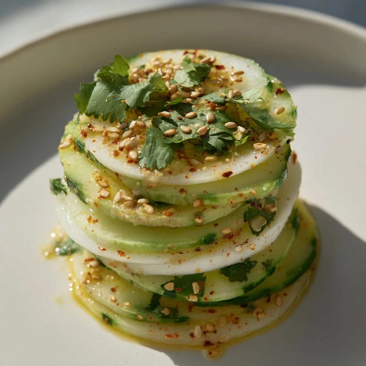 Crisp jicama and cucumber slices compose this refreshing Jicama and Cucumber Slice Stack, perfect for summer.