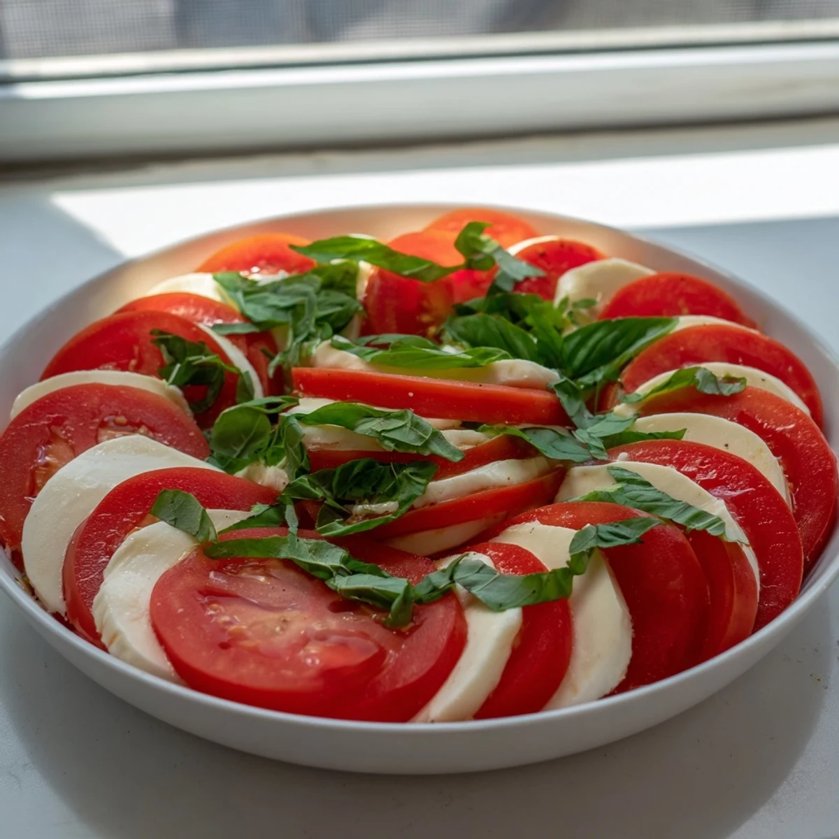 Juicy Sliced Tomatoes and Mozzarella Rounds, drizzled with olive oil, a quick, easy, appetizer course.