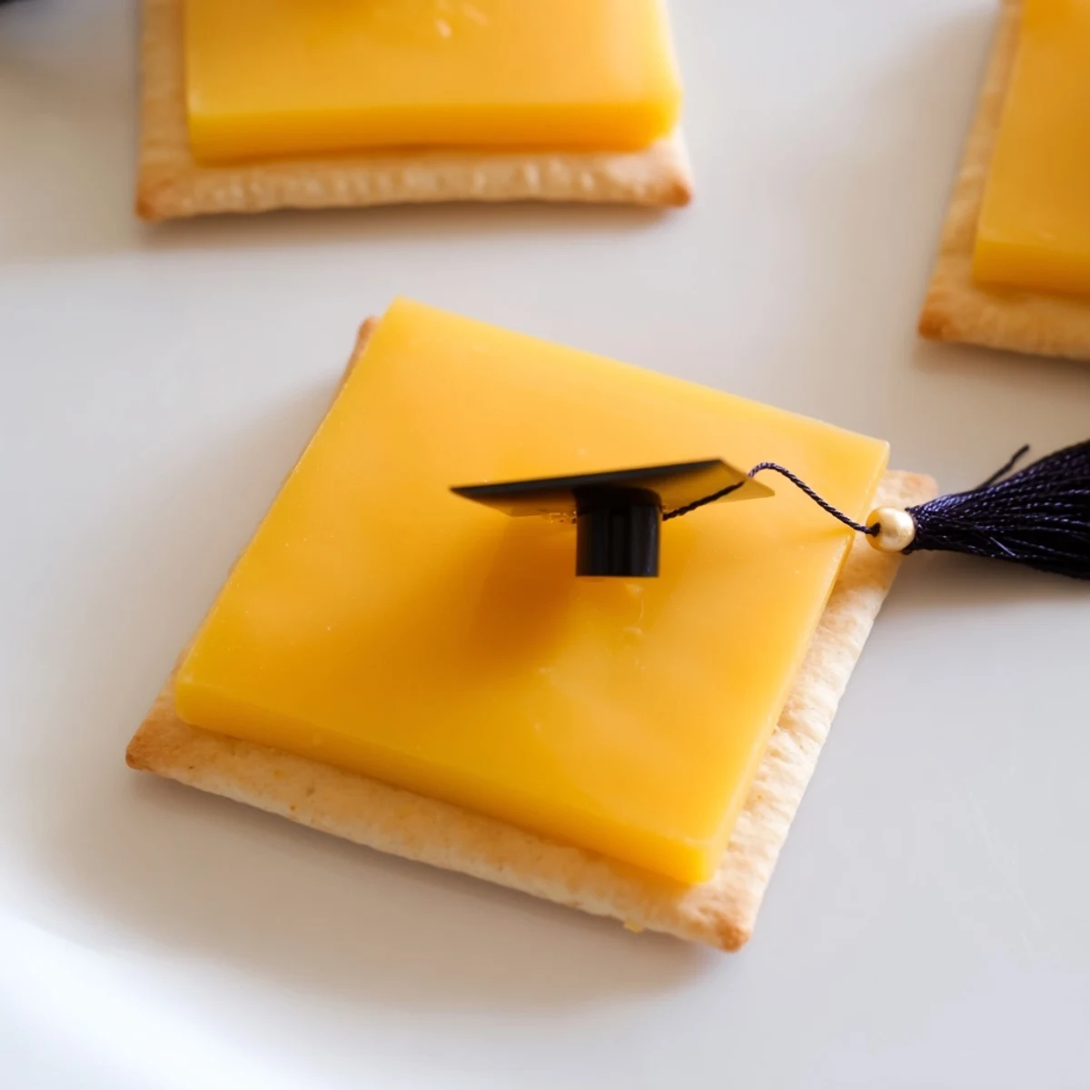 Graduation Cap Snacks are festive cheese-topped crackers with black licorice tassels, ready to celebrate.