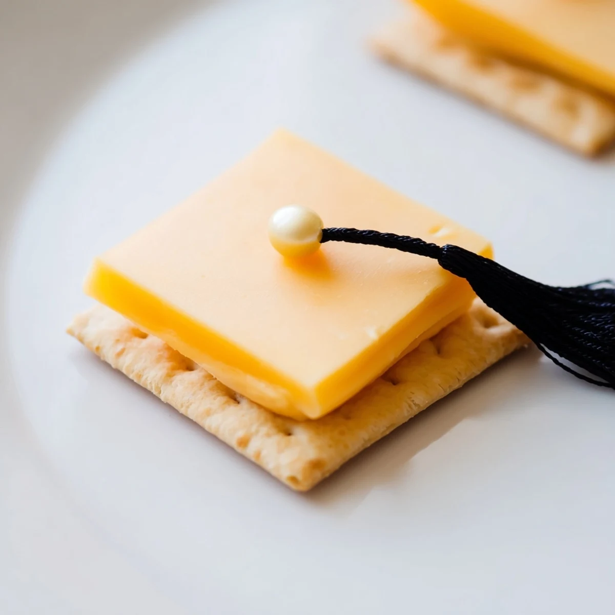 Arrangement of homemade Graduation Cap Snacks, with cheese "caps" and colorful tassels ready to be enjoyed.