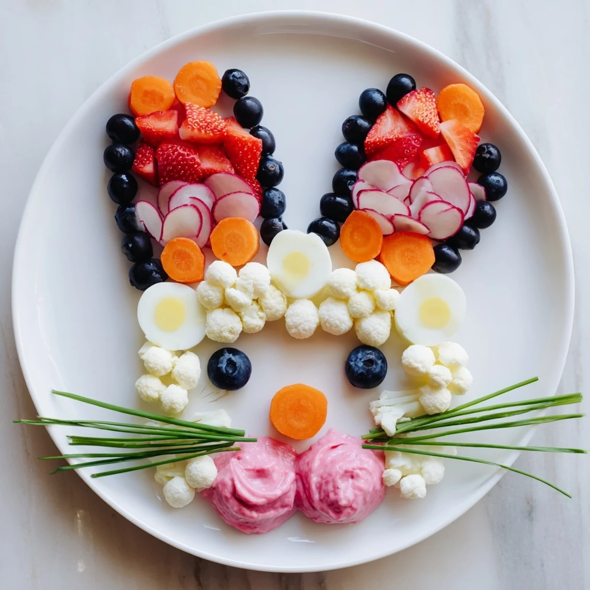 Vibrant pink Bunny Silhouette platter: A beautiful presentation of colorful fruits and cheeses.