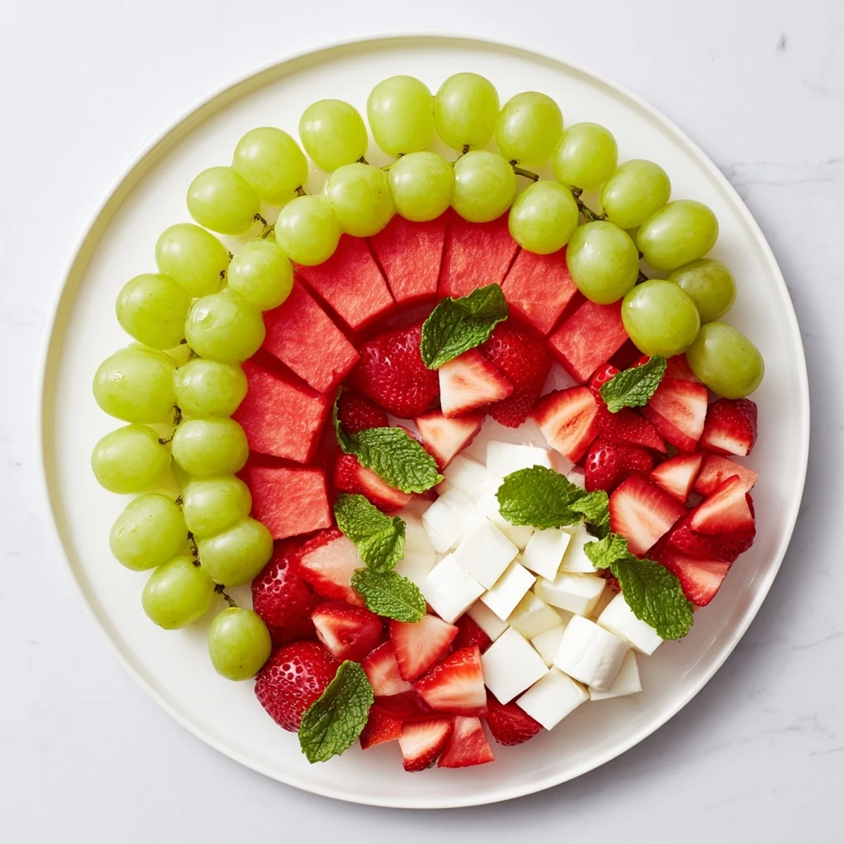 Vibrant Summer Watermelon Slice platter shows the fresh watermelon, cheese and fruit, ready to serve cold.