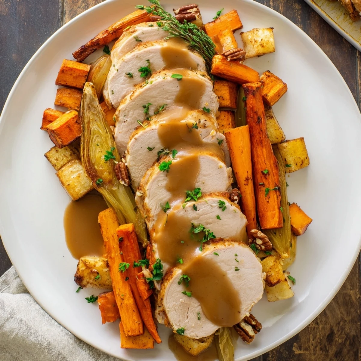 Savory Chains of the Mayflower main dish, featuring golden turkey slices and roasted vegetables.
