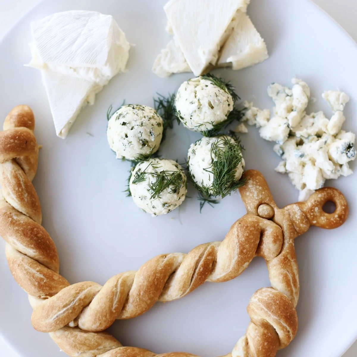 A beautifully arranged Anchor Maritime Board with blue cheeses, pretzels, and fresh fruits looks delightful.