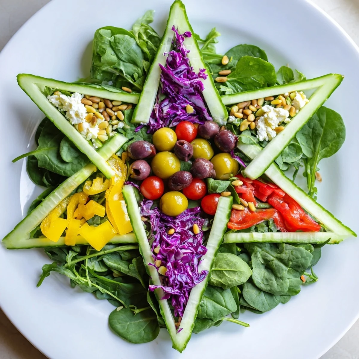 A colorful Star of David Salad Platter with feta cheese and fresh, vibrant vegetables, ready to serve.