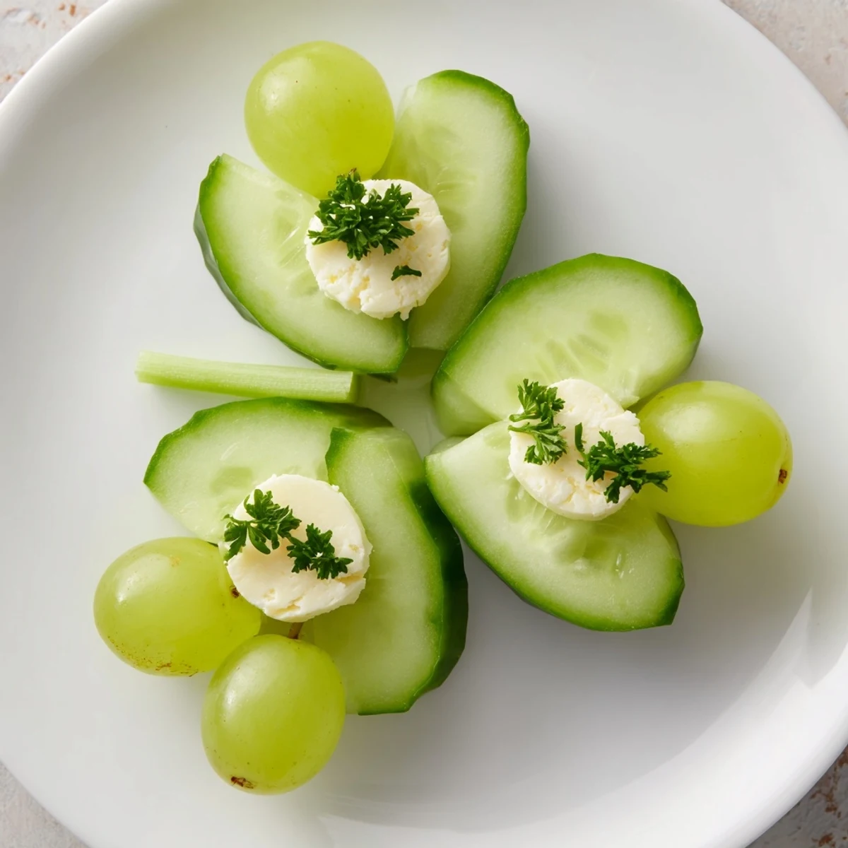 Lucky Four-Leaf Clover Snack arranged with cucumber, cheese, grapes, and a crunchy celery stem, ready to enjoy.