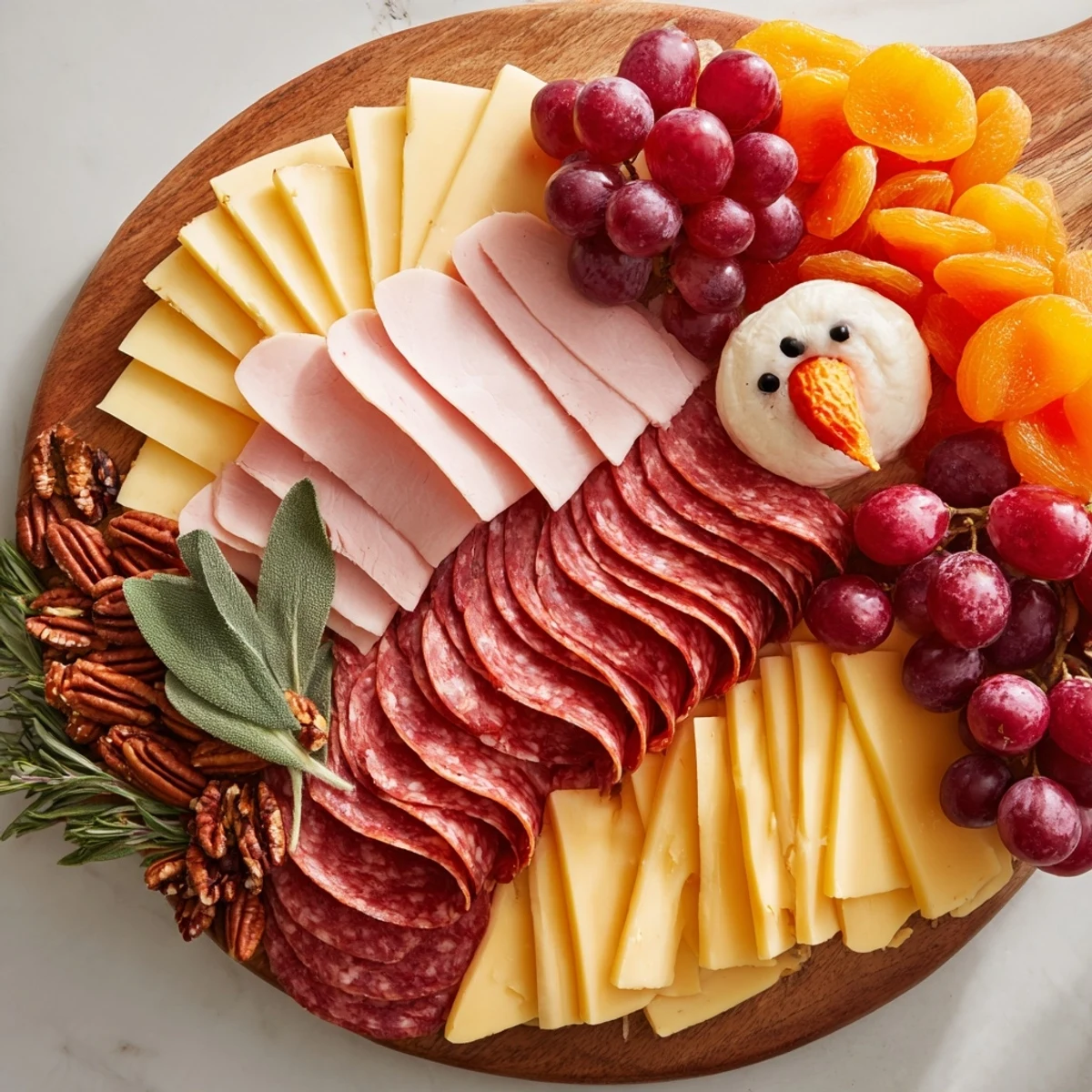 A beautifully arranged turkey tail fan charcuterie board offers a feast for Thanksgiving.