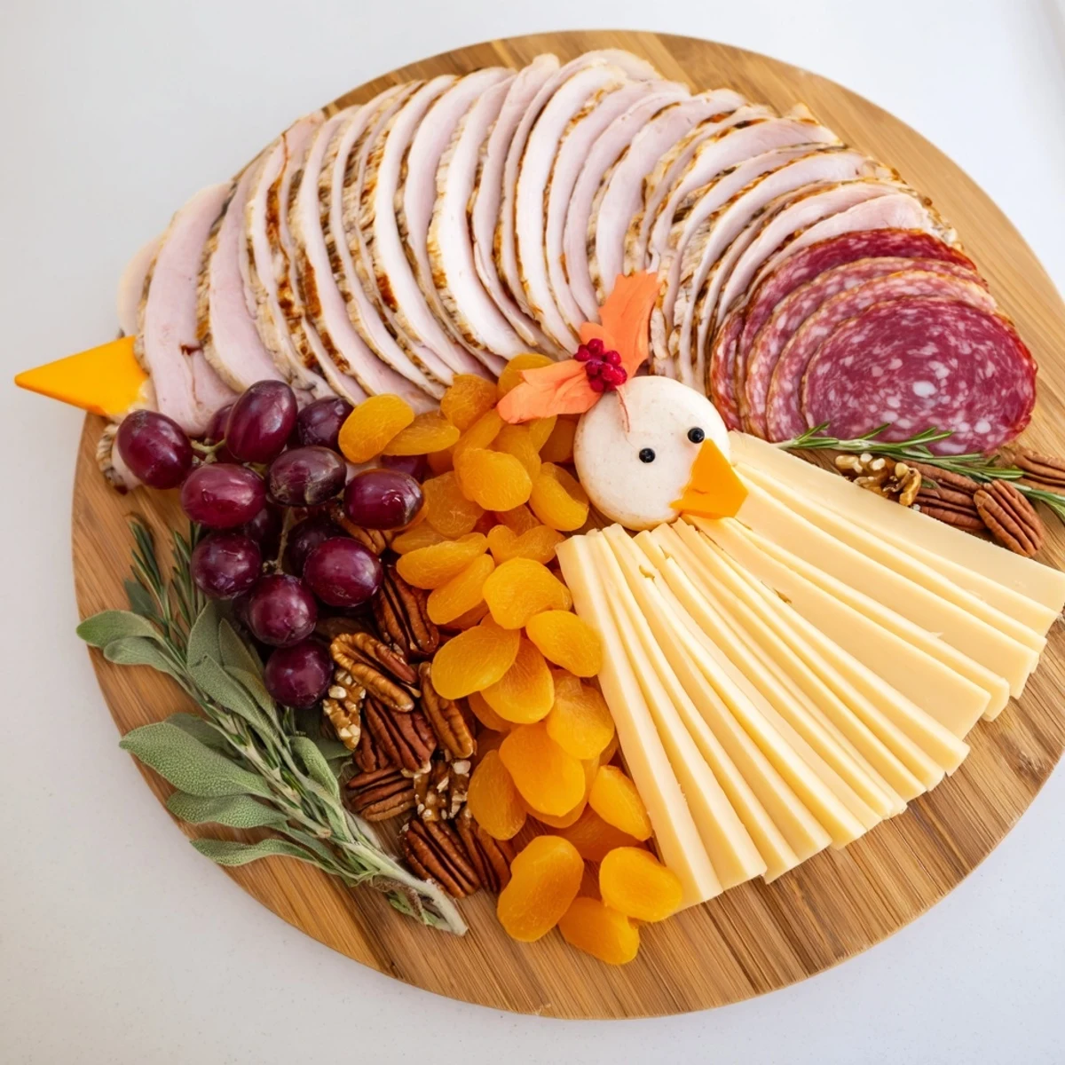 This turkey tail fan is a stunning charcuterie appetizer with meats, cheeses, and fruit.