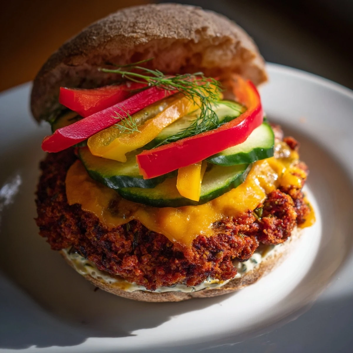 Juicy The Fire & Ice Burger, with melted pepper jack cheese, a vibrant red pepper slice, and creamy yogurt.